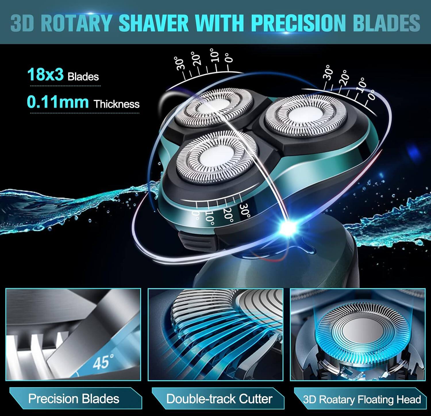 3D Rotary Shaver with Precision Blades

- 18x3 Blades
- 0.11mm Thickness

Precision Blades
Double-track Cutter
3D Rotary Floating Head