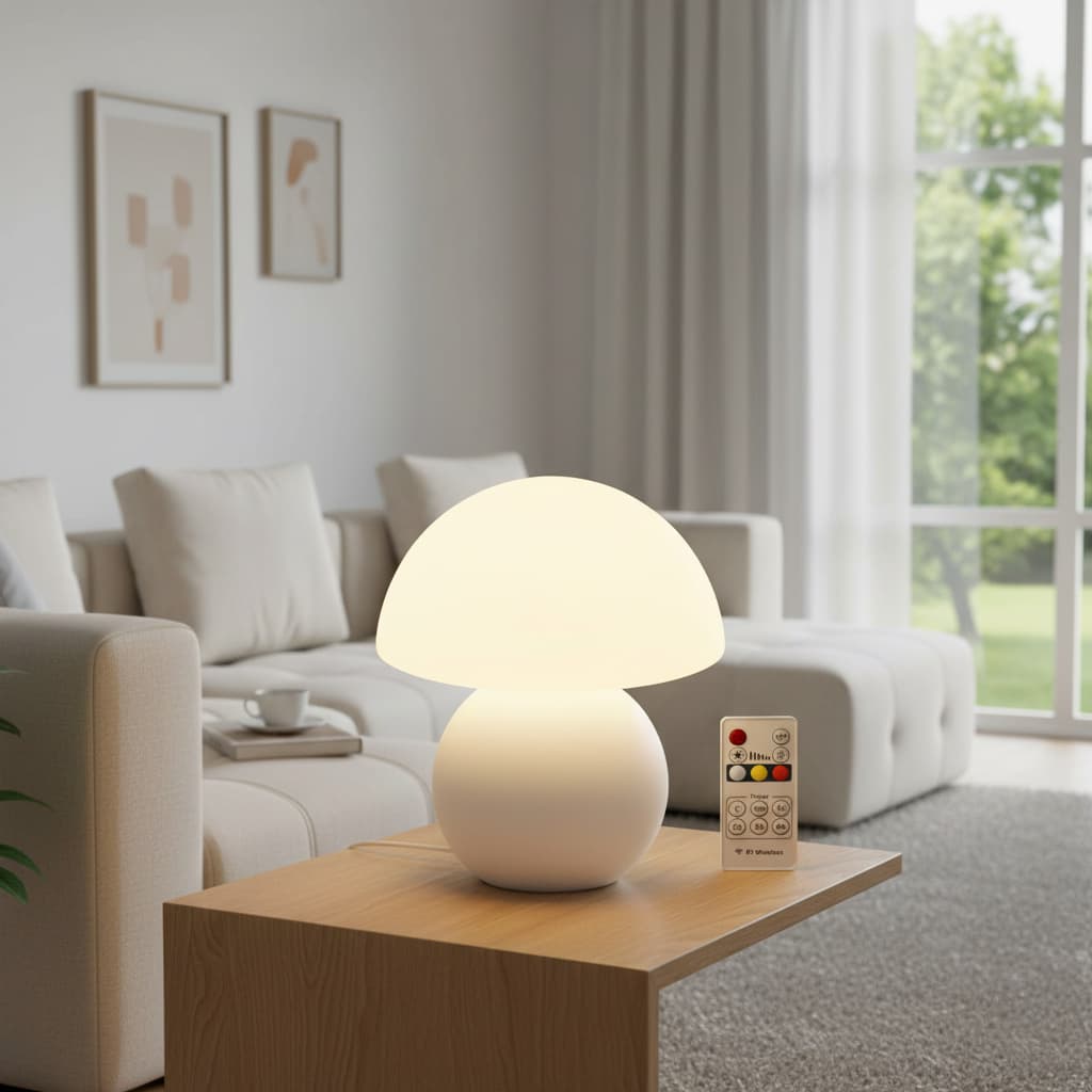 Alt View 1. FINEAK - Remote Control Mushroom Lamp: RGB 3-Color Dimmable Night Light with Timer - Ceramic Base, Glass Shade, Modern Decor - ‎White.