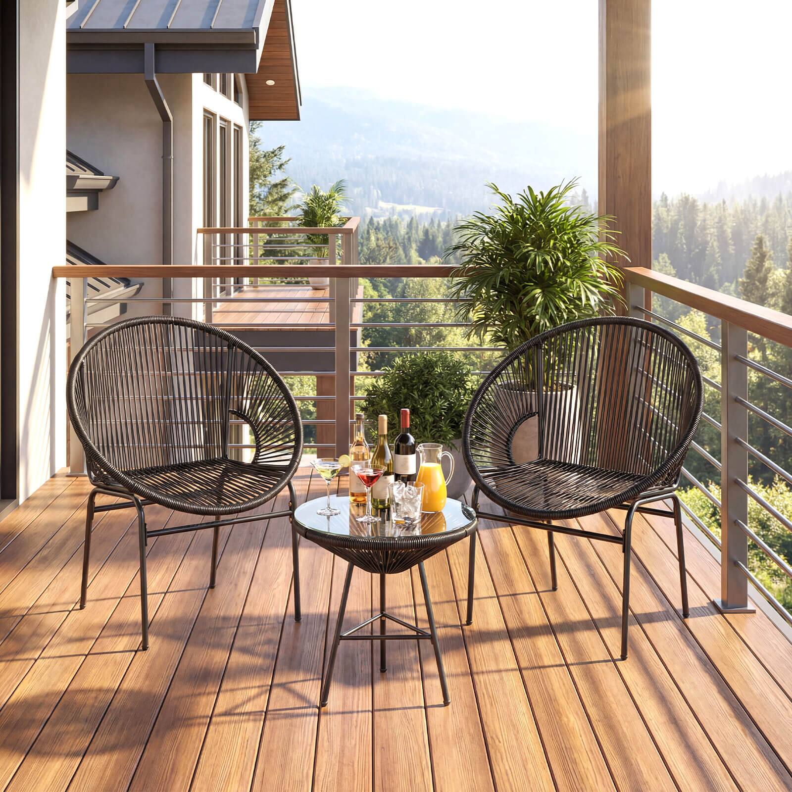 Alt View 3. Costway - Costway 3PCS Patio Acapulco Furniture Bistro Set Plastic Rope Glass Table - Black.
