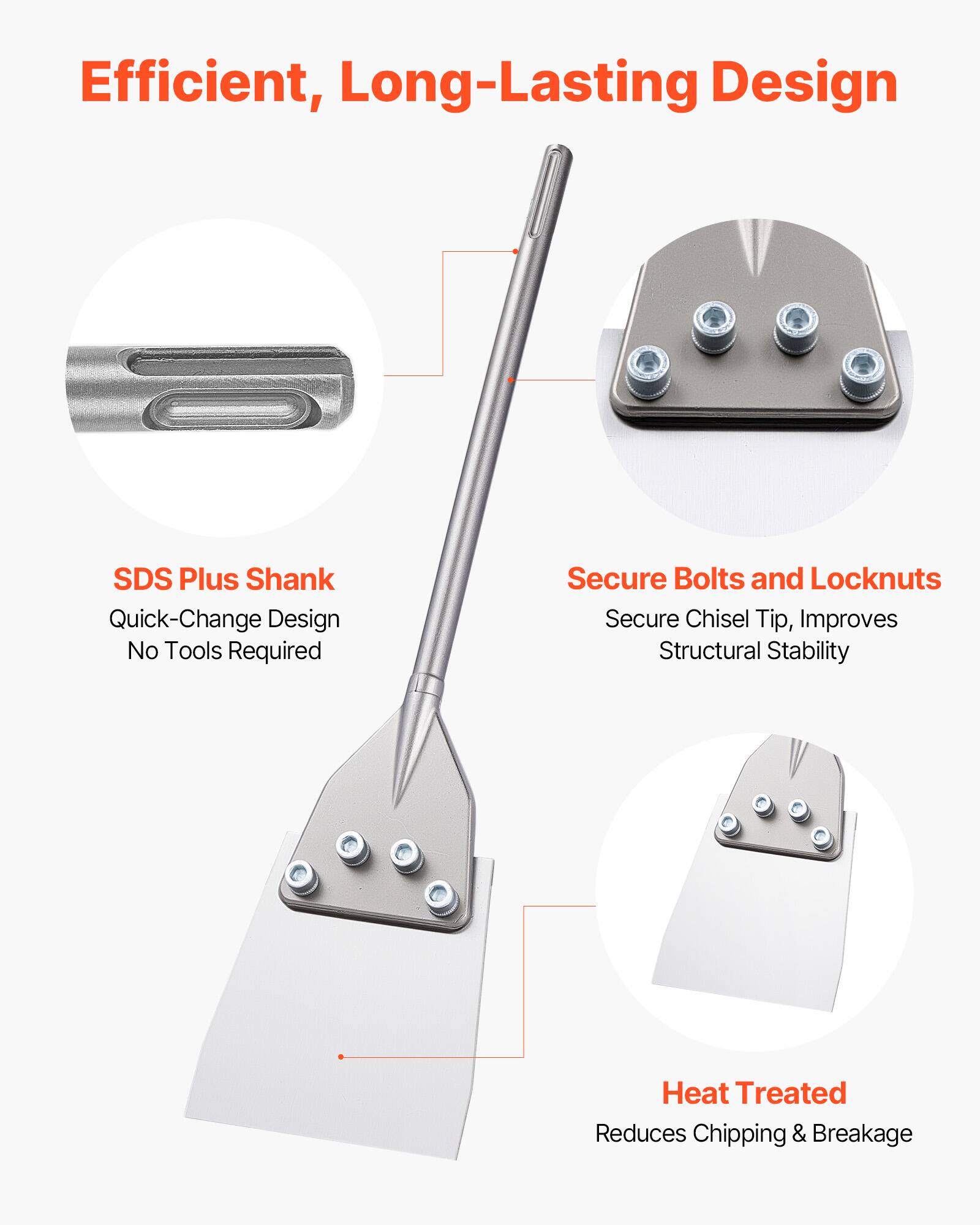 Efficient, Long-Lasting Design

- SDS Plus Shank
  - Quick-Change Design
  - No Tools Required

- Secure Bolts and Locknuts
  - Secure Chisel Tip, Improves Structural Stability

- Heat Treated
  - Reduces Chipping & Breakage