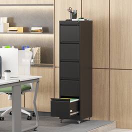Boyel Living - 5-Drawer Mobile Vertical Metal File Cabinet with Lock - Black