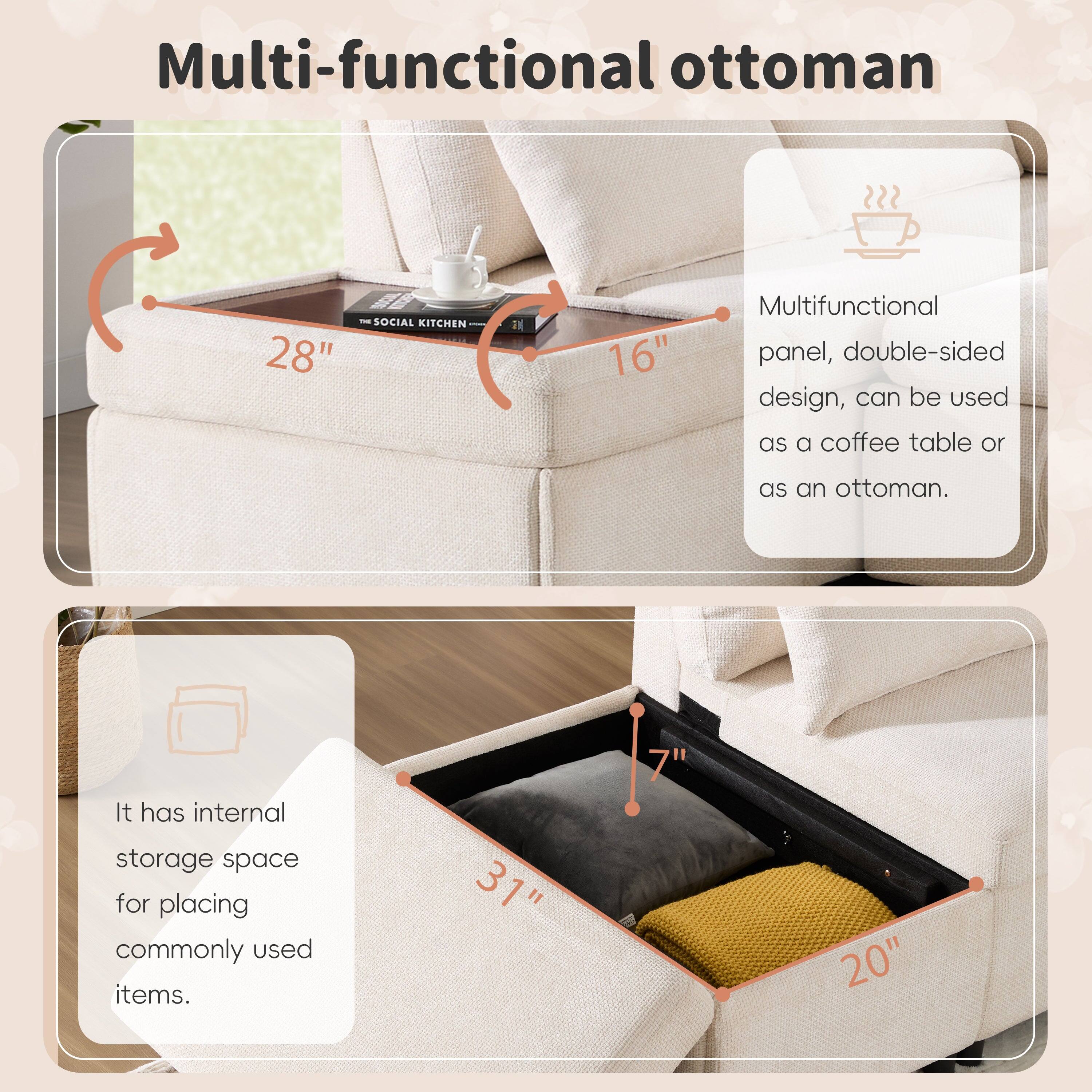 Multi-functional ottoman - SOCIAL KITCHEN

- 28" x 16" Multifunctional panel, double-sided design, can be used as a coffee table or as an ottoman.
- It has internal storage space for placing commonly used items.
- 31" L x 7" x 20"