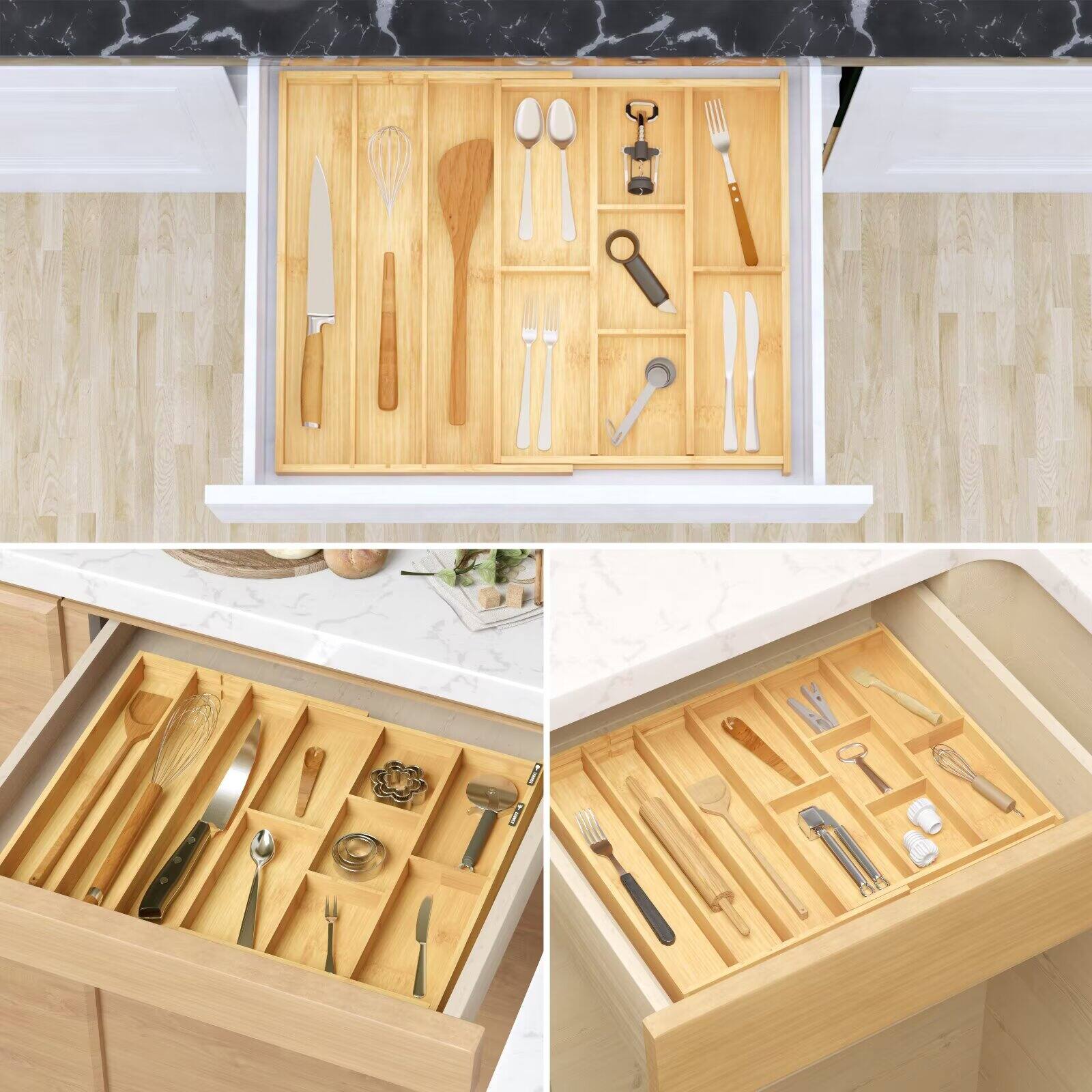Back. Tooloton - Expandable Bamboo Drawer Organizer for Silverware, Cutlery, Spoons and Knives with Labels, Kitchen Utensil Storage Tray - Natural.