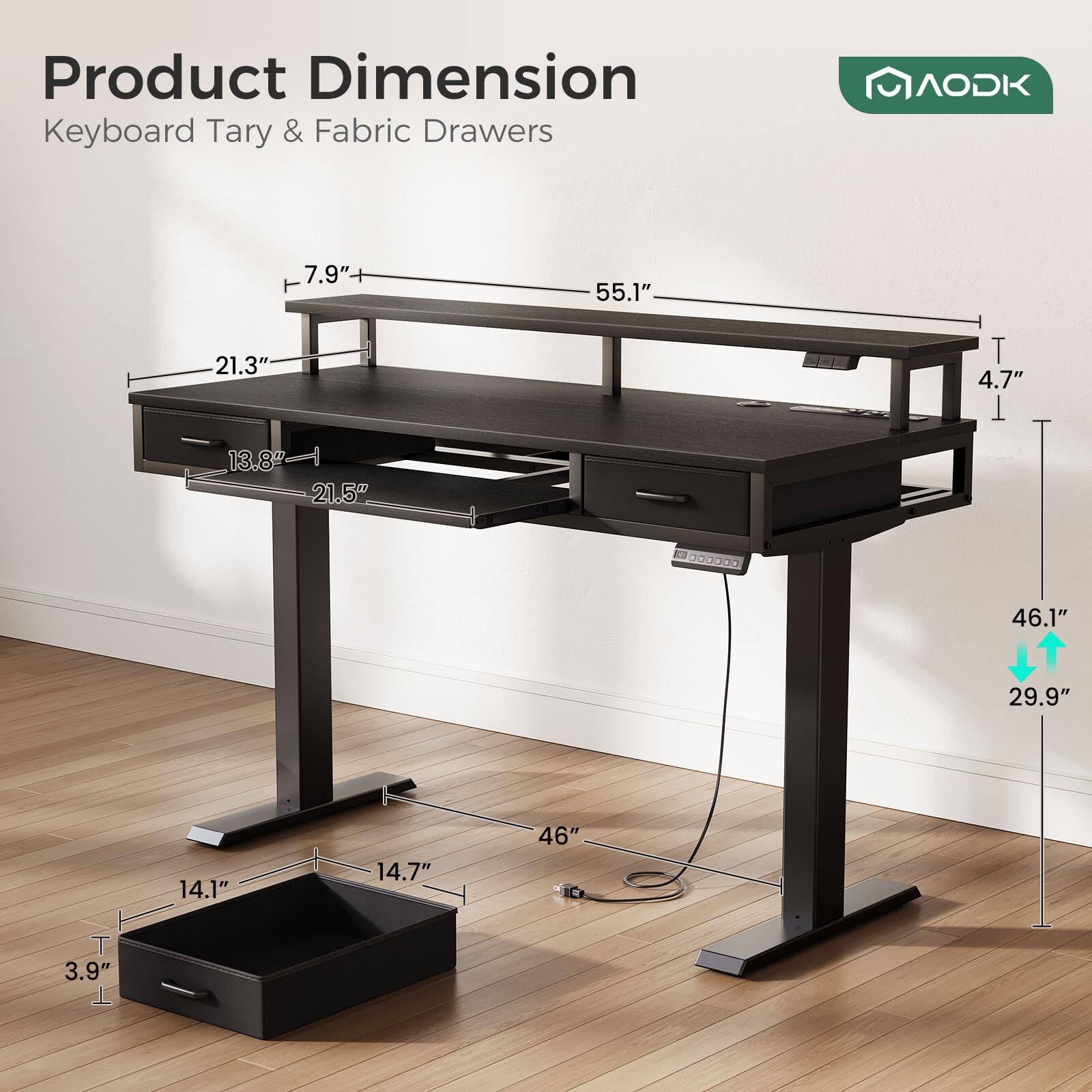 Product Dimension  
Keyboard Tary & Fabric Drawers  

- 7.9"  
- 55.1"  
- 21.3"  
- 4.7"  
- 13.8"  
- 21.5"  
- 46.1"  
- 29.9"  
- 14.1"  
- 14.7"  
- 46"  
- 3.9"