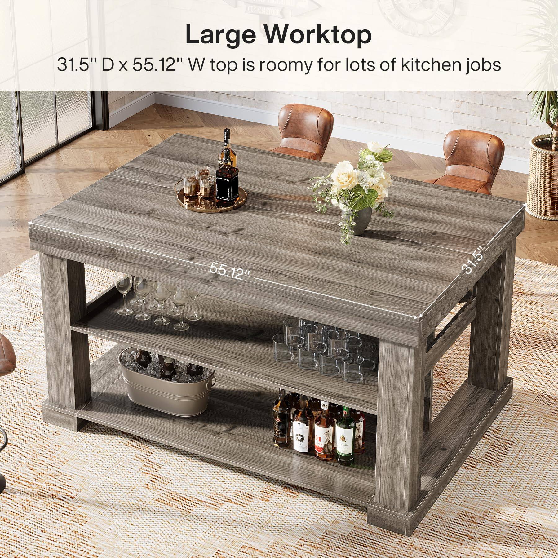 CUSTOM STORE Large Worktop  
31.5" D x 55.12" W top is roomy for lots of kitchen jobs  
55.12"  
31.5"