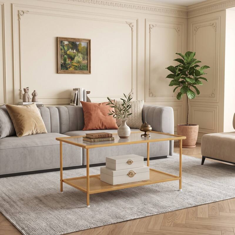 Angle. WELLFOR - 2-Tier Coffee Table with Open Shelf, Tempered Glass Top Modern Center Table for Living Room - Golden.
