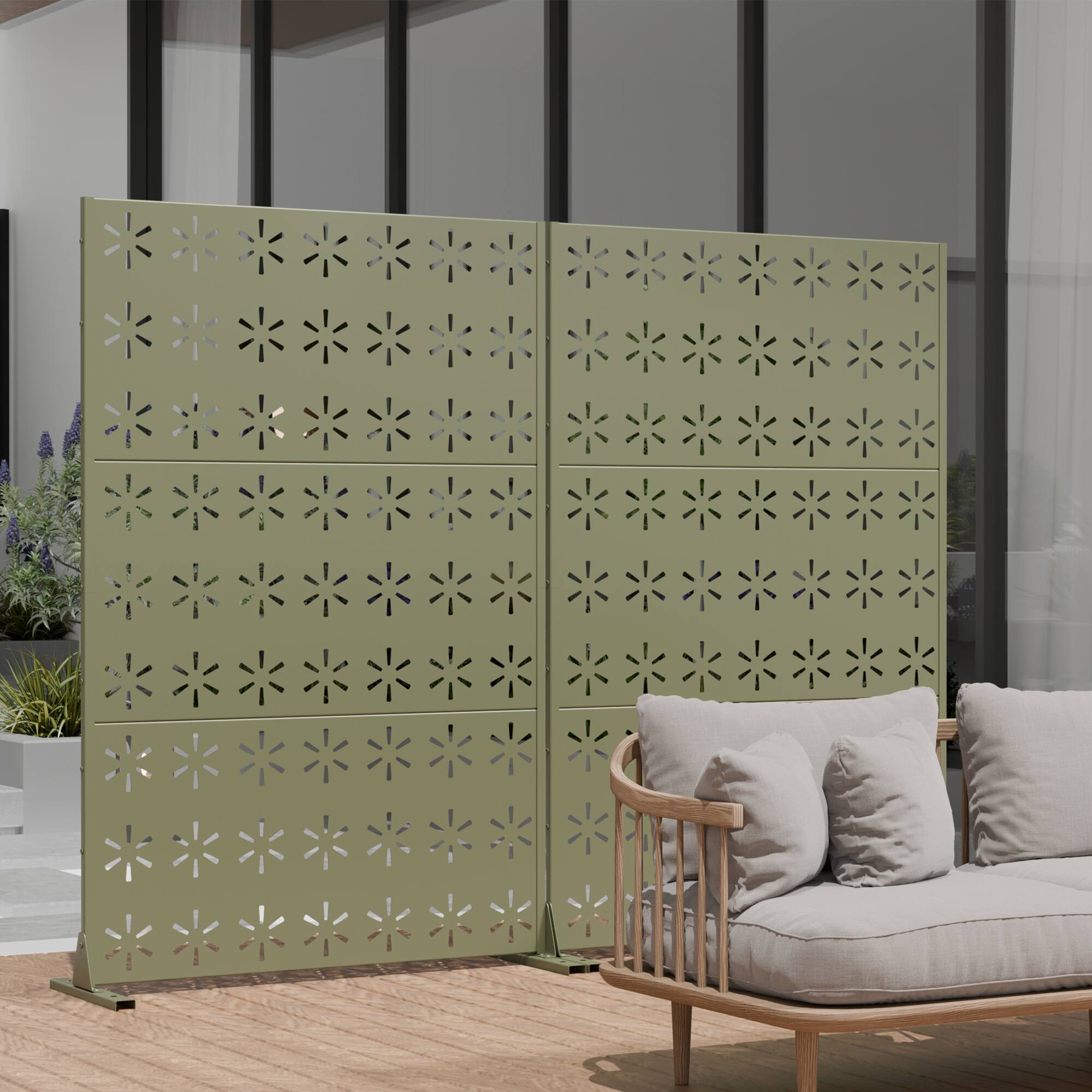 Alt View 3. PexFix - 72 in. x 47 in. Snow Pattern Metal Outdoor Privacy Screen & Panels, Freestanding Garden Divider Fence - Olive Gray.