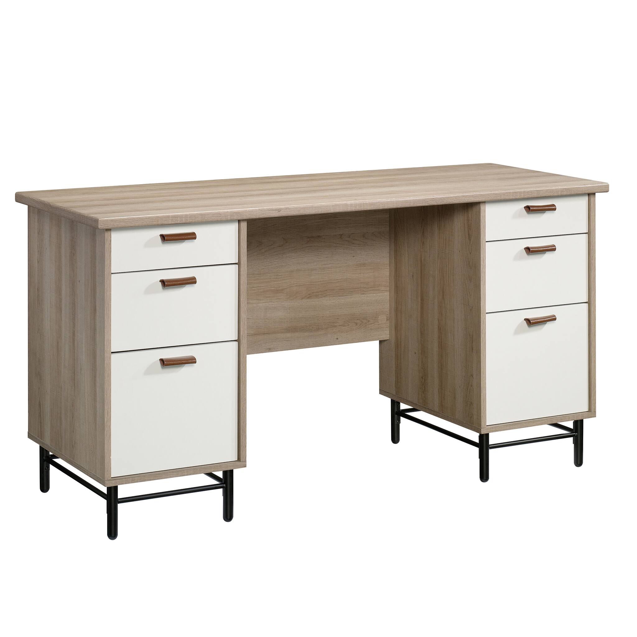 Front. Spaco - 56x22" Compact Desk, 3 Drawers with File Storage, Oak, Metal Base - Brown.