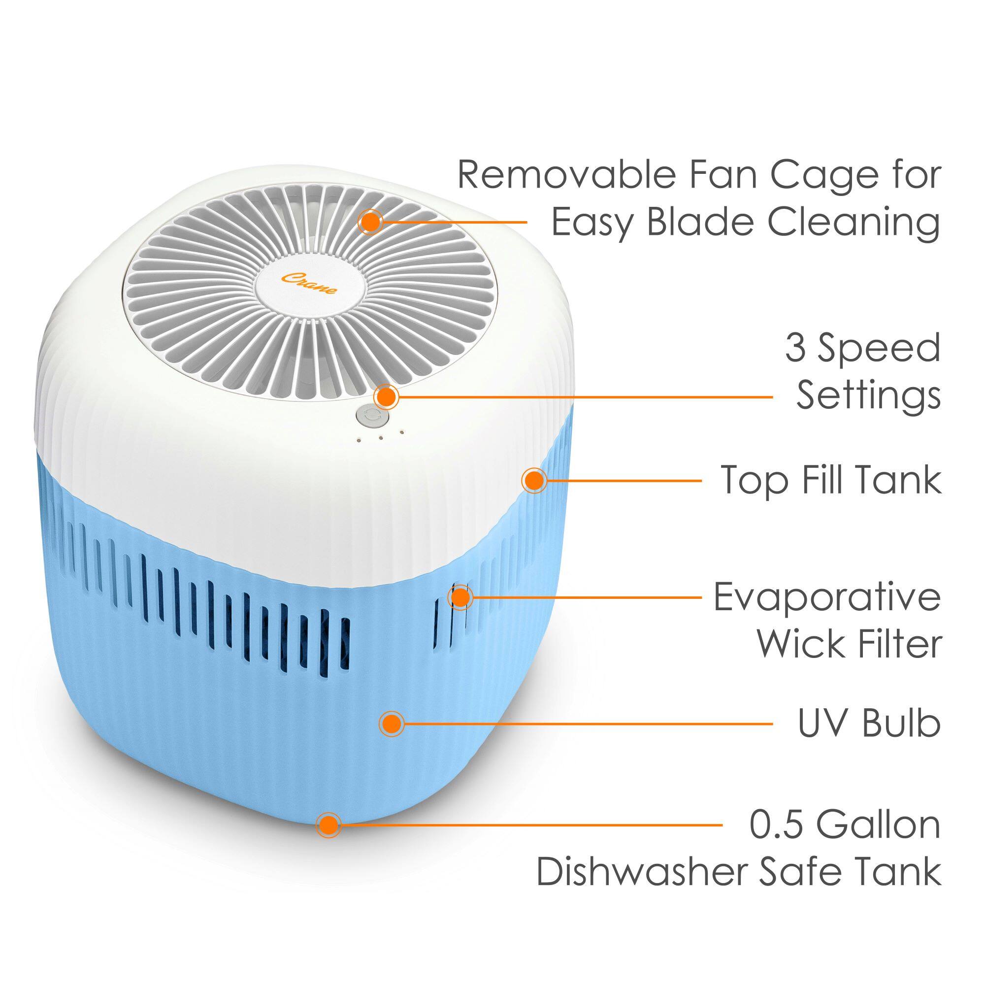 - Removable Fan Cage for Easy Blade Cleaning
- 3 Speed Settings
- Top Fill Tank
- Evaporative Wick Filter
- UV Bulb
- 0.5 Gallon Dishwasher Safe Tank