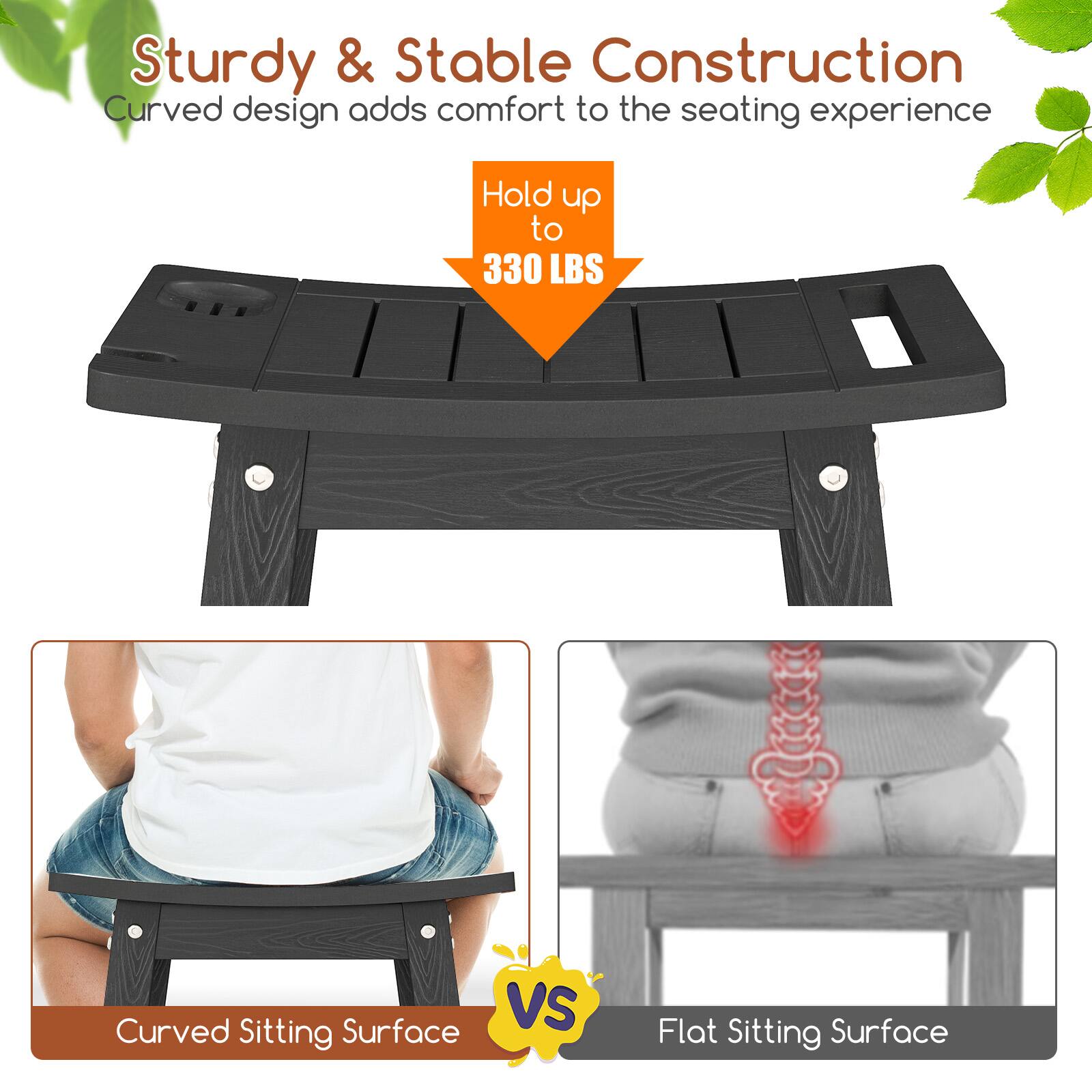Sturdy & Stable Construction  
Curved design adds comfort to the seating experience  

Hold up to 330 LBS  

Curved Sitting Surface  
VS  
Flat Sitting Surface