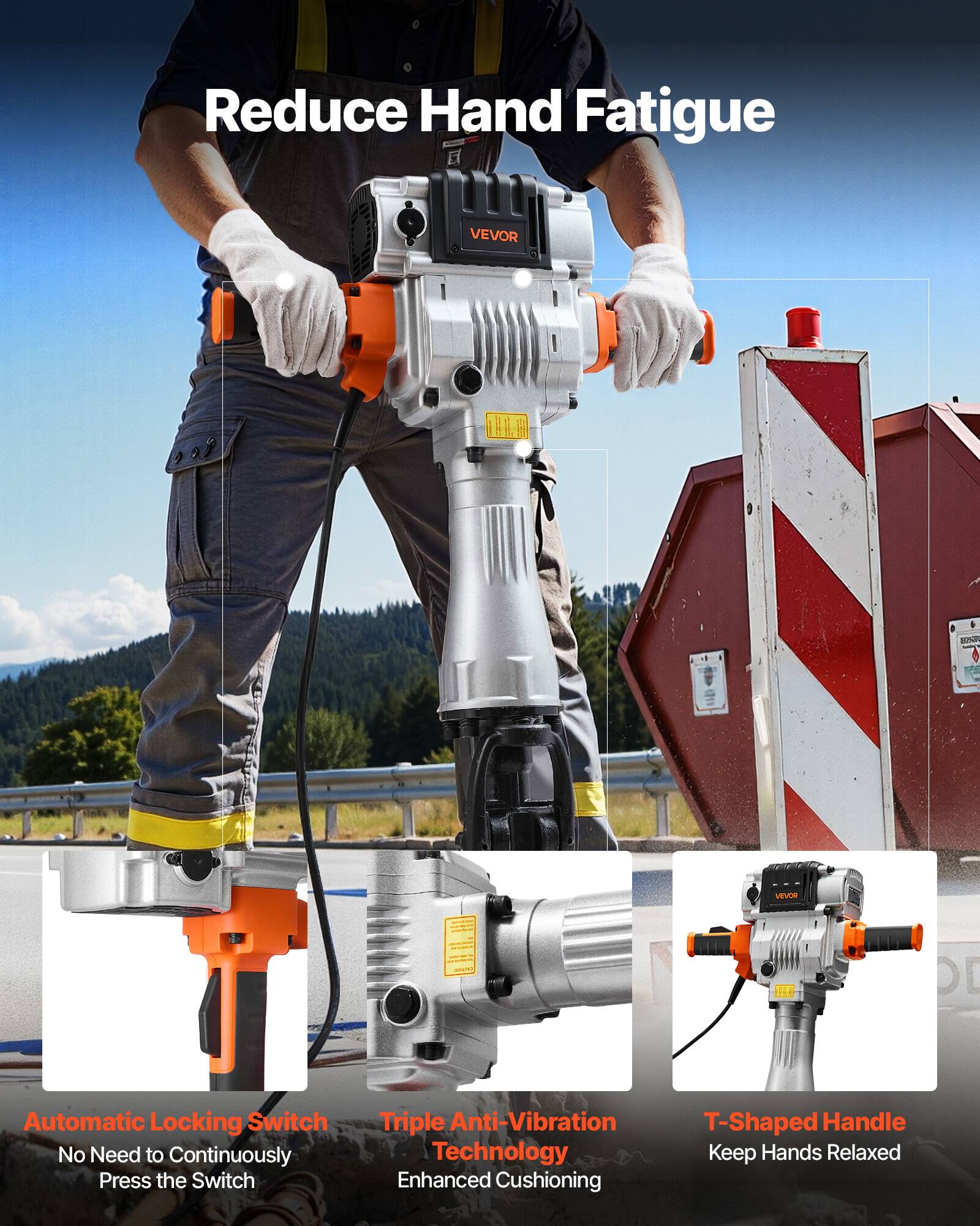 Reduce Hand Fatigue

VEVOR LLC

Automatic Locking Switch
No Need to Continuously Press the Switch

Triple Anti-Vibration T-Shaped Handle Technology
Enhanced Cushioning

Keep Hands Relaxed