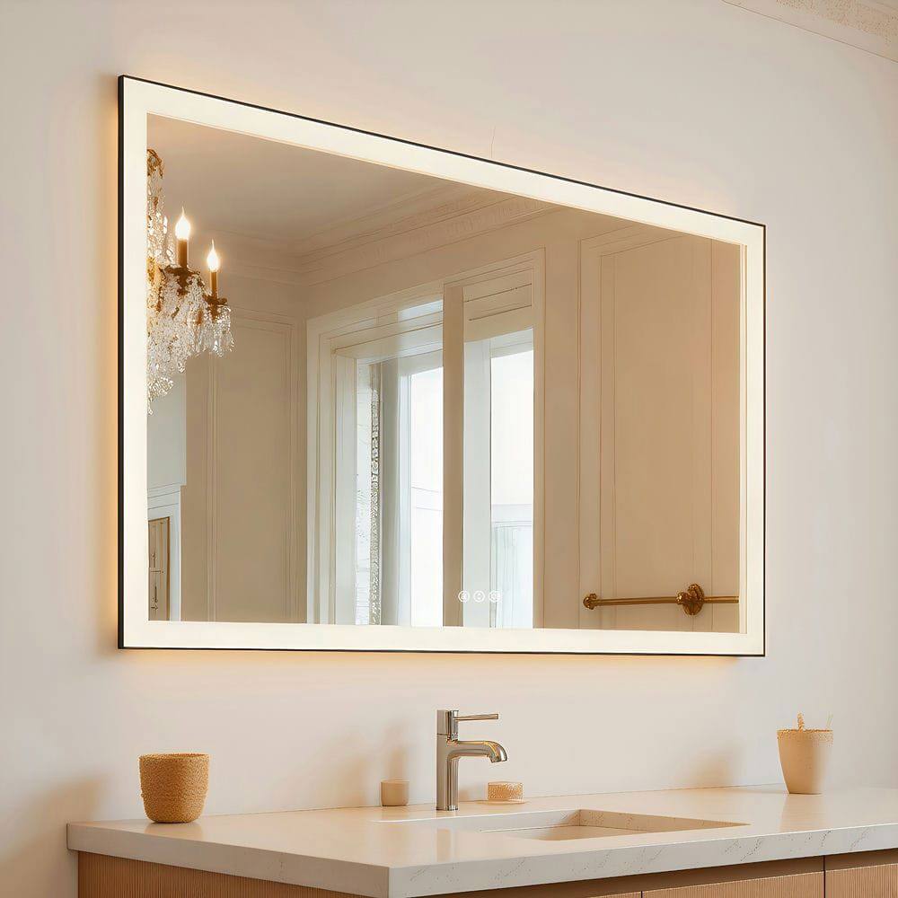 Alt View 5. Kadyn - 60x36 Inch Oversized Rectangle LED Bathroom Mirror with Black Metal Frame - Black.