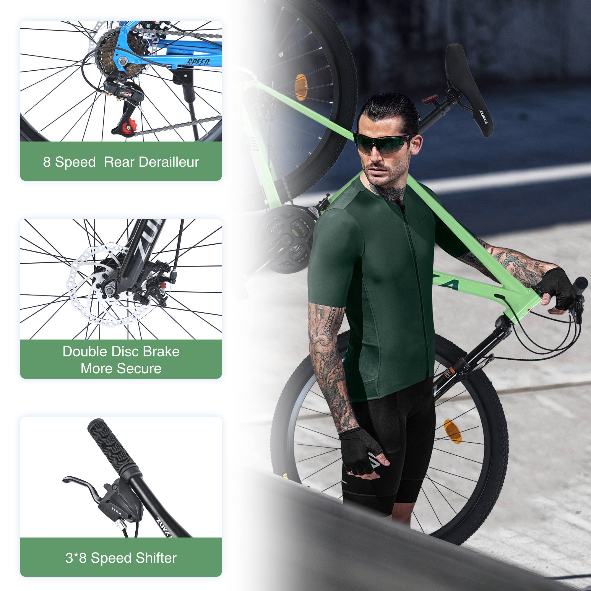 Sure, here is the corrected and grouped text:

- 8 Speed Rear Derailleur
- Double Disc Brake More Secure
- 3*8 Speed Shifter