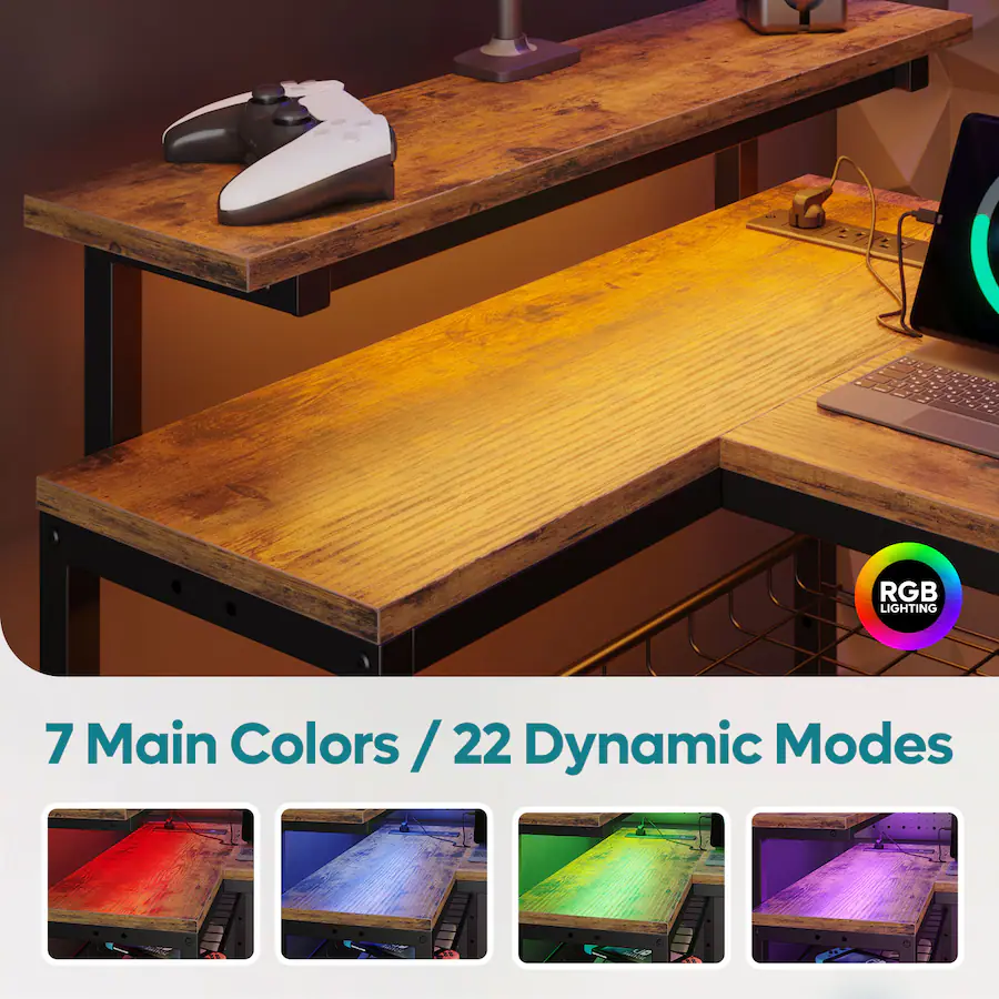 Computer Low Riser With Led Light Bestier L Shaped Computer Desk with Power Outlets, Led Lights, and ...