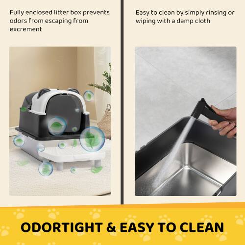 Fully enclosed litter box prevents odors from escaping from excrement.

Easy to clean by simply rinsing or wiping with a damp cloth.

ODORTIGHT & EASY TO CLEAN