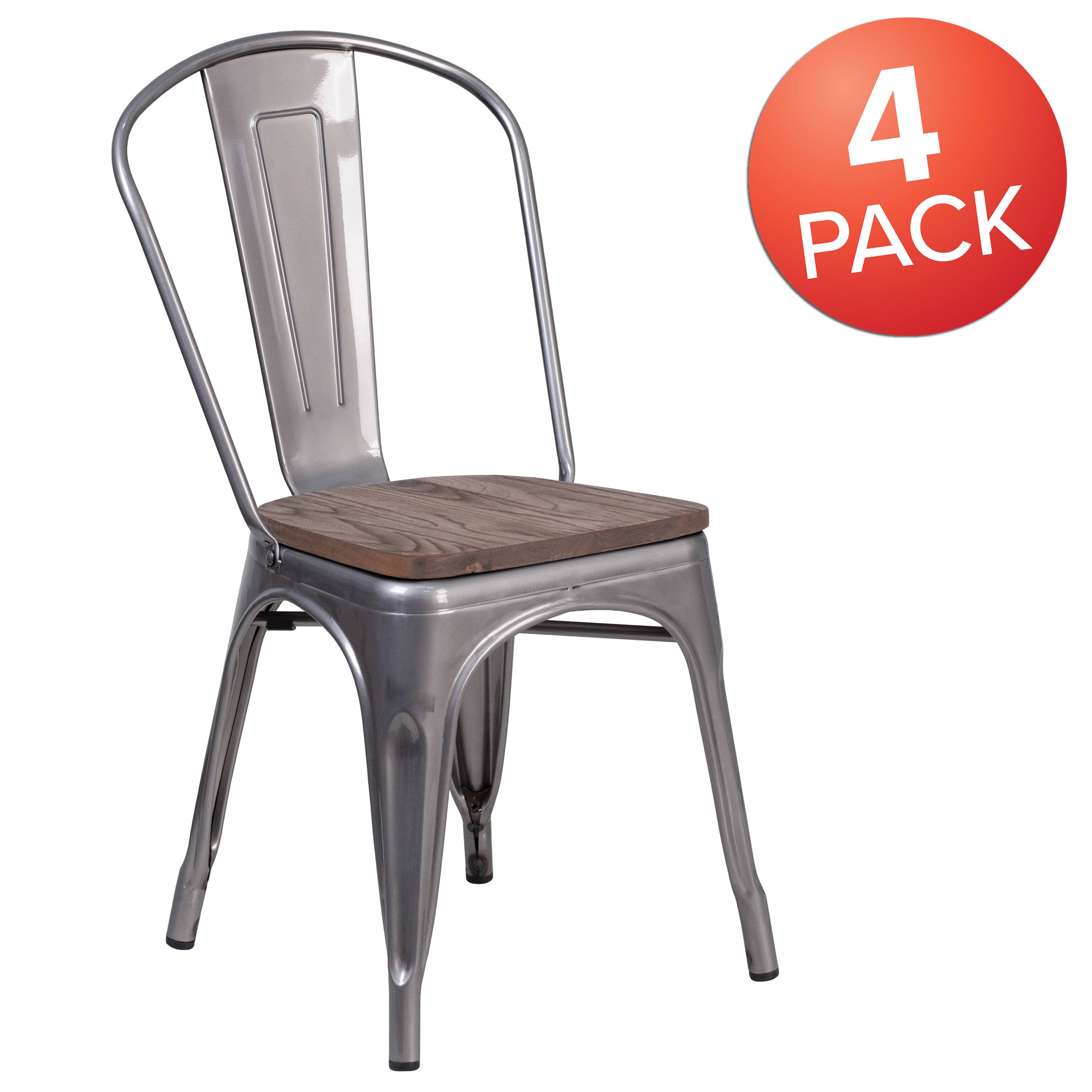 Alt View 1. Emma + Oliver - 4 Pack Metal Stackable Chair with Wood Seat - Clear Coated.