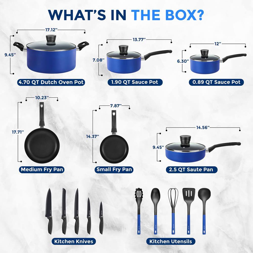 WHAT'S IN THE BOX?

- 4.70 QT Dutch Oven Pot
  - 17.12" x 13.77" x 9.45" x 7.08"

- 1.90 QT Sauce Pot
  - 13.77" x 12" x 6.30" x 7.08"

- 0.89 QT Sauce Pot
  - 12" x 6.30" x 7.08"

- Medium Fry Pan
  - 17.71" x 10.23" x 7.87"

- Small Fry Pan
  - 14.37" x 7.87"

- 2.5 QT Saute Pan
  - 14.56" x 9.45"

- Kitchen Knives

- Kitchen Utensils