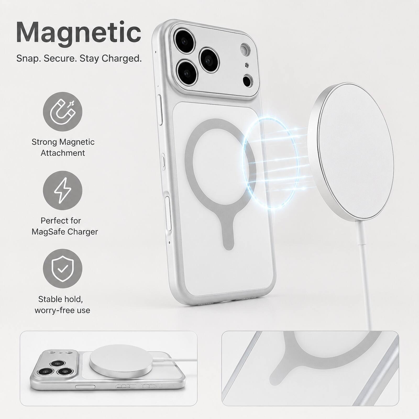 Magnetic  
Snap. Secure. Stay Charged.  
Strong Magnetic Attachment  
Perfect for MagSafe Charger  
Stable hold, worry-free use