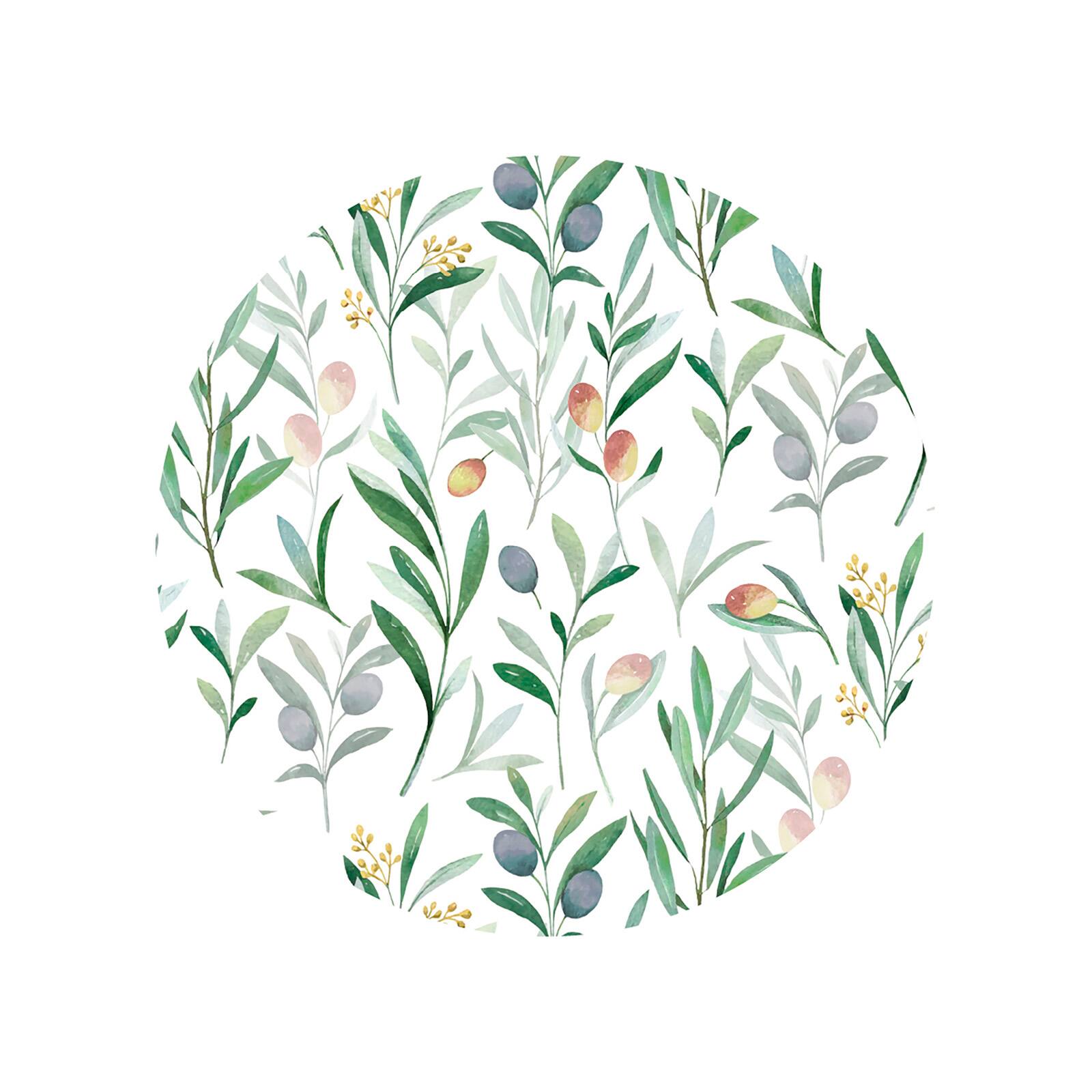Front. Frieling - Davanti by  Casa Round Vinyl Placemat, 15" Diameter, Watercolor Olive Branch Print - Olive.