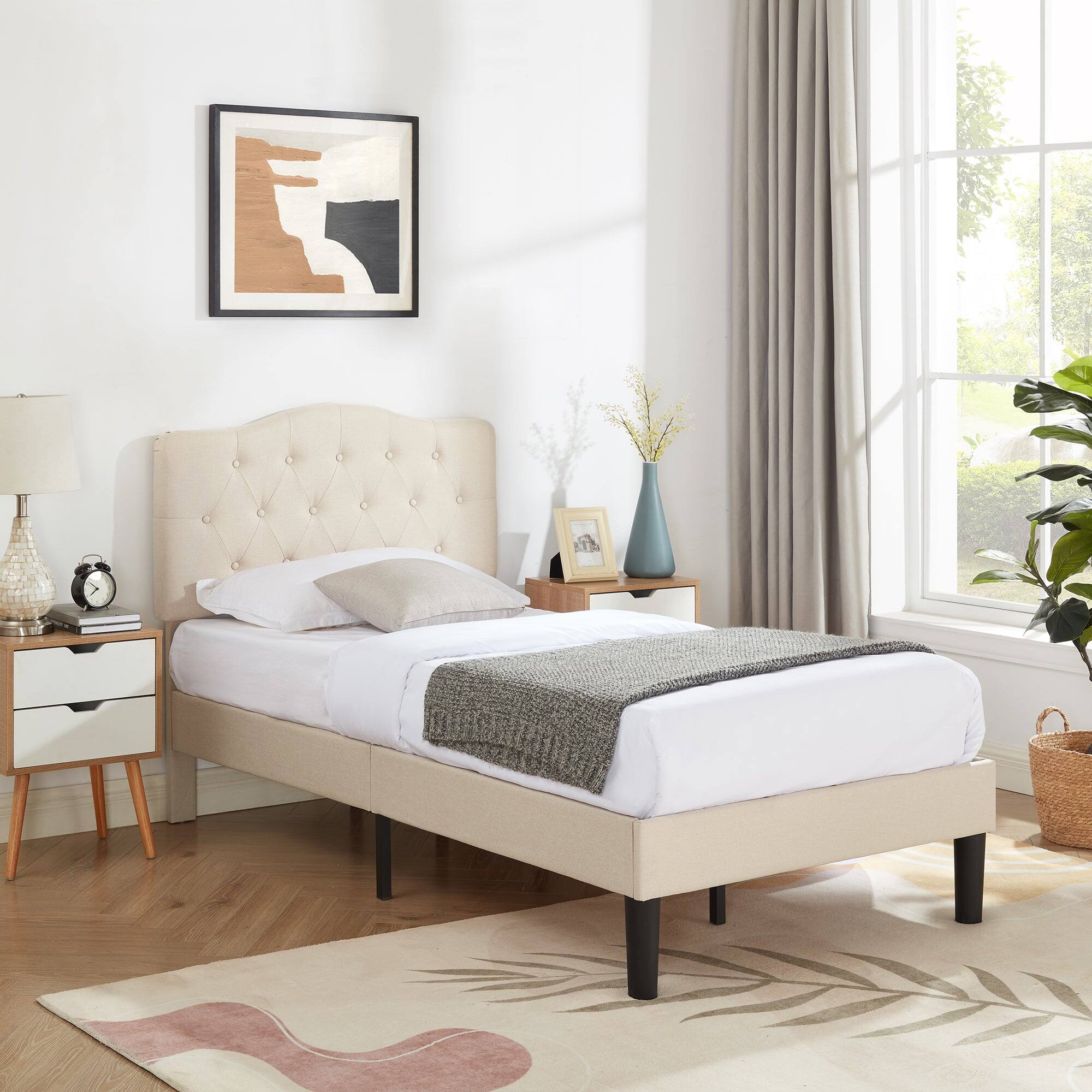Alt View 2. Vecelo - Queen Upholstered Platform Bed Frame with Adjustable Tufted Headboard, Heavy-Duty Metal & Wood Slats, Noise-Free Design - Beige.