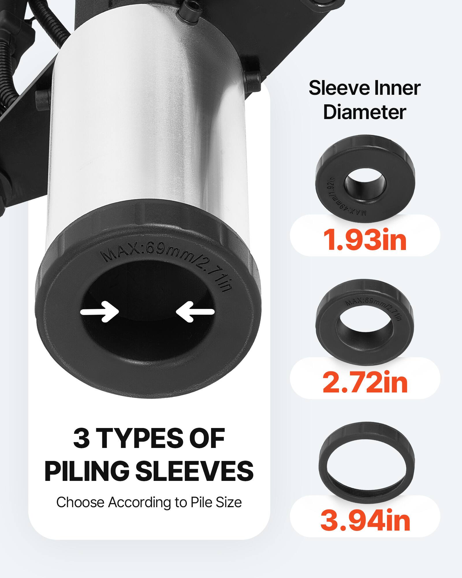 Sleeve Inner Diameter MAX.80mm/2.71in

MAX: 69mm/2.71in

3 TYPES OF PILING SLEEVES

Choose According to Pile Size

1.93in

2.72in

3.94in