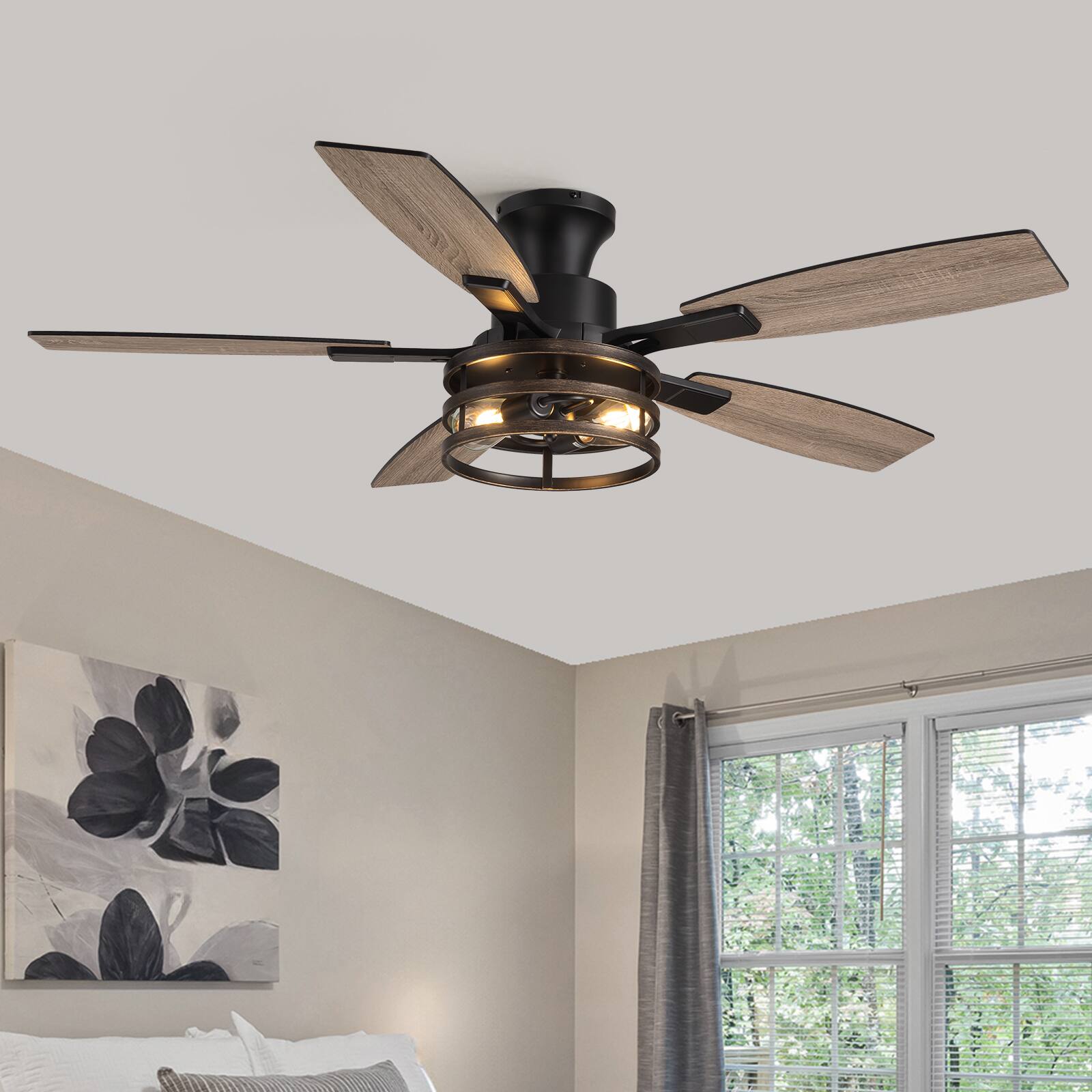 Left. Siljoy - 52 Inch Farmhouse Flush Mount Ceiling Fan with Light, 5 Reversible Wood Blades  Remote Control for Bedroom Living Room - Brown.
