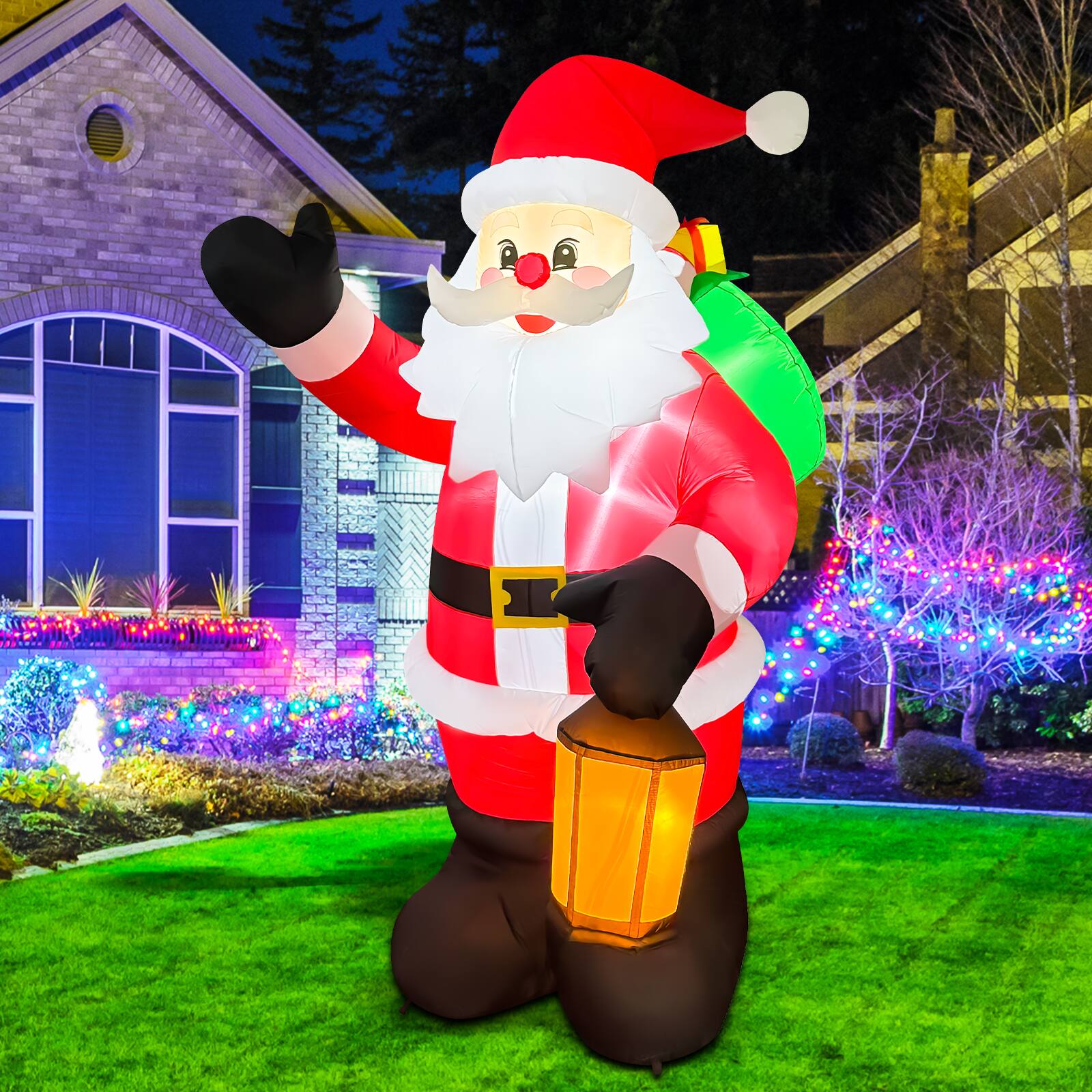 Back. GOOSH Inflatables - GOOSH 8.5FT Animated Waving Santa Inflatable with Lantern and LED Lights - Red.