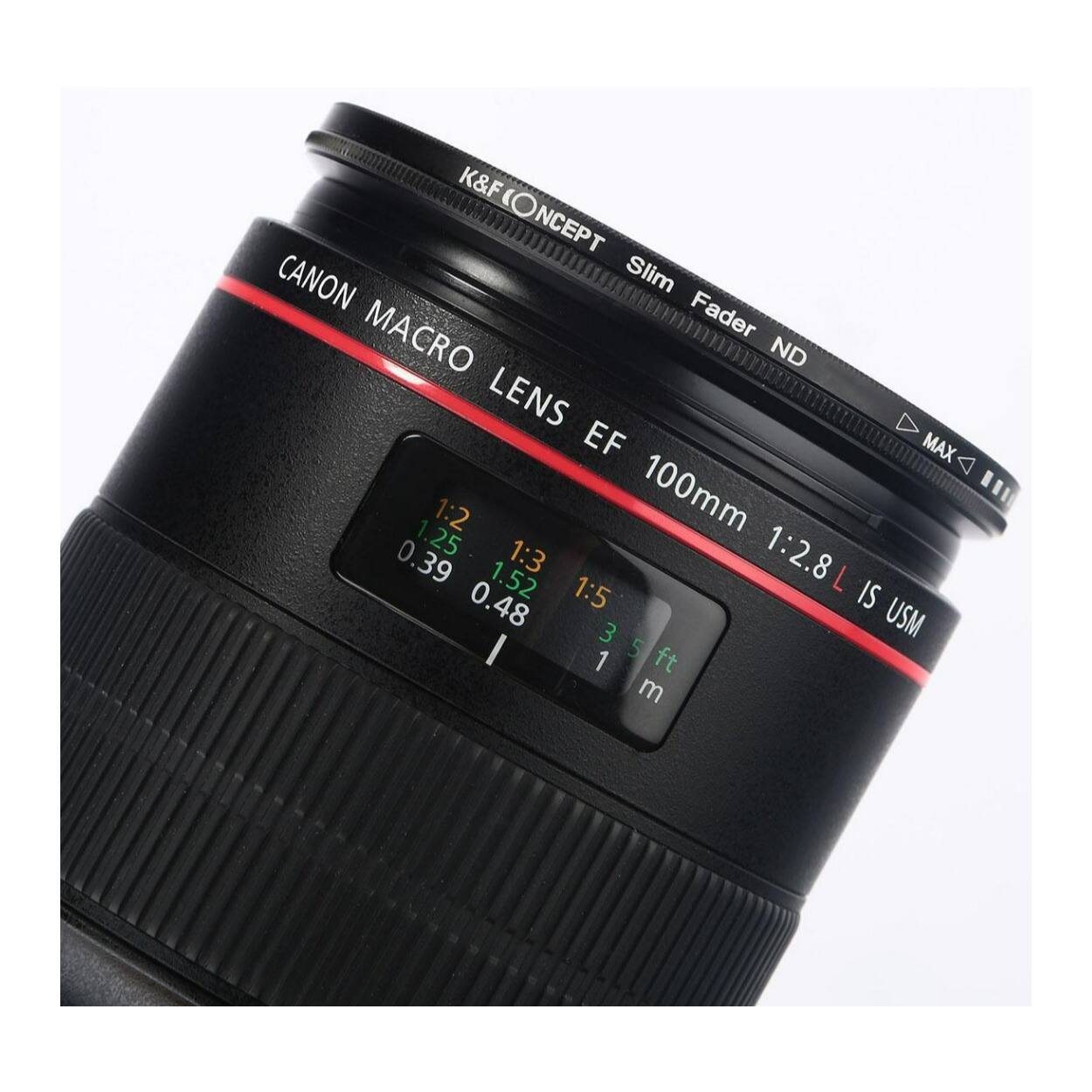 K&F CONCEPT CANON Slim Fader ND LENS EF 100mm 1:2.8 L IS USM  
1:2 1.25 1:3 1:2.8 0.39 1.52 0.48 1:5  
3.5 ft 1 m