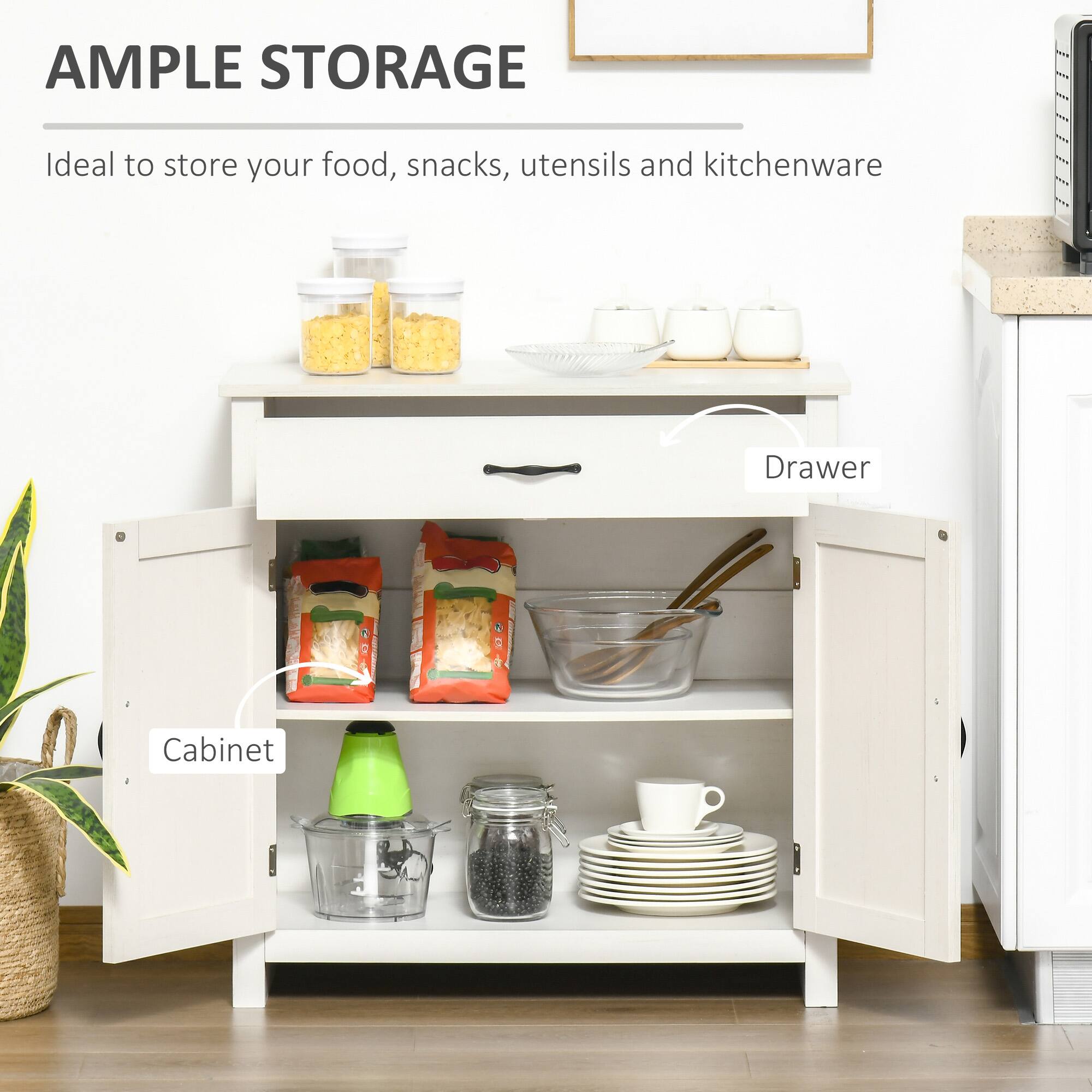 AMPLE STORAGE  
Ideal to store your food, snacks, utensils and kitchenware  

Drawer  
Cabinet