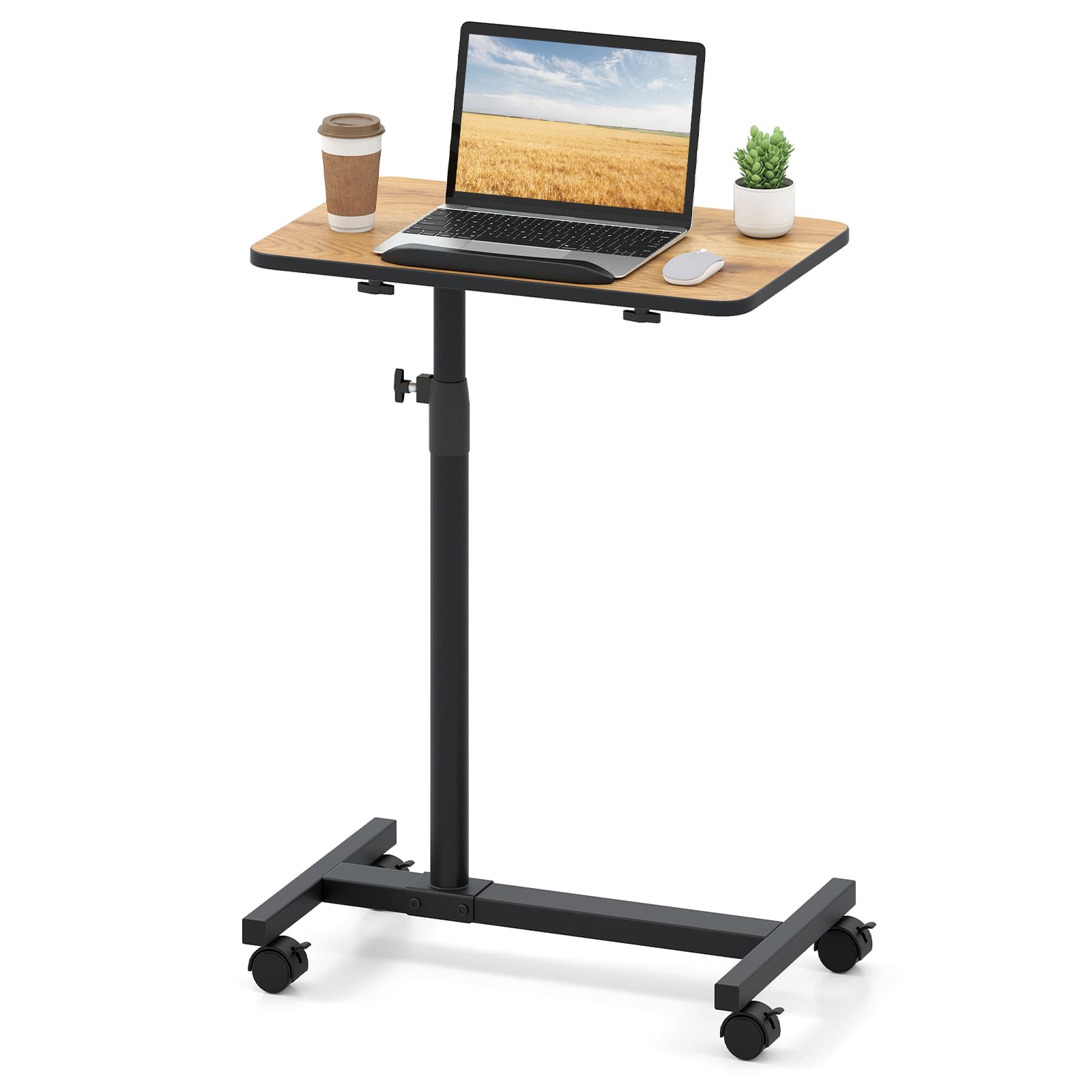 Costway - Overbed Rolling Table Over Bed Laptop Food Tray Desk Tilting Top - Natural