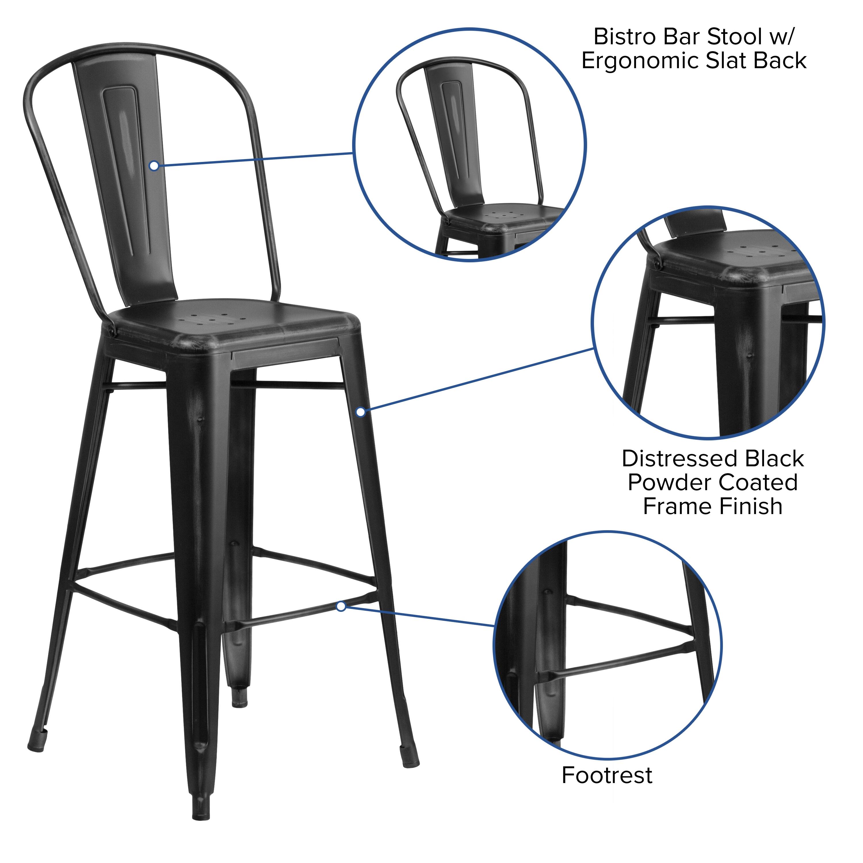 Bistro Bar Stool w/ Ergonomic Slat Back  
Distressed Black Powder Coated Frame Finish  
Footrest