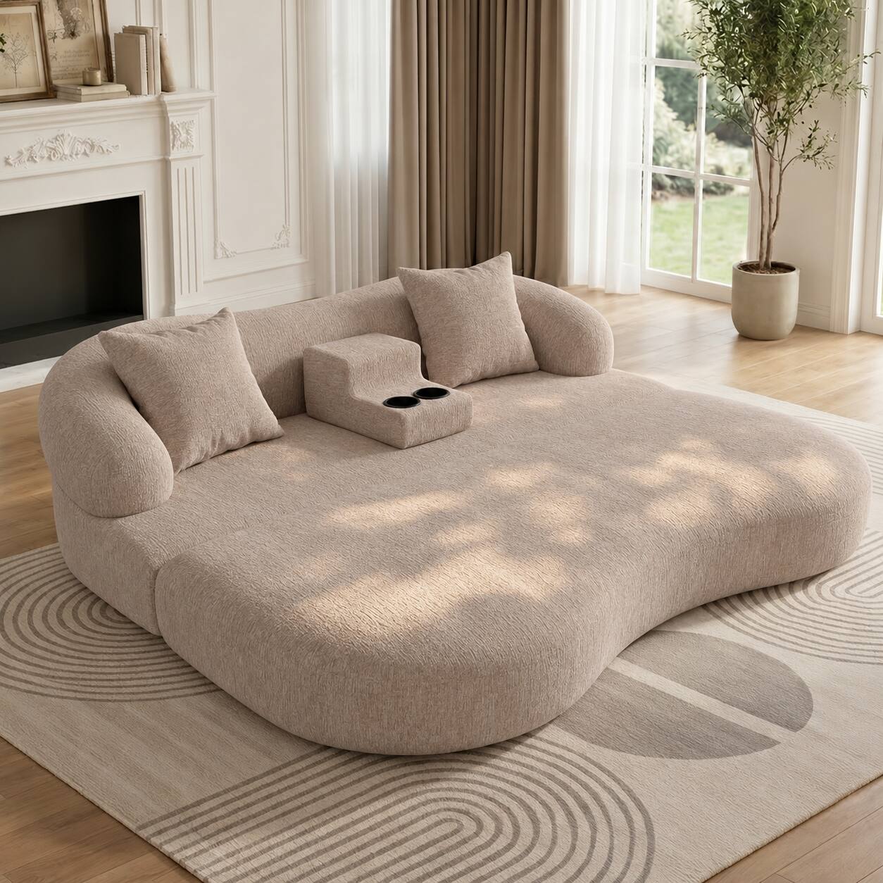 Angle. Anysun - 2-in-1 Modern Curved Boneless Convertible Chenille  Sleeper Sofa Bed with Cup Holders, for Small Spaces - Apricot.