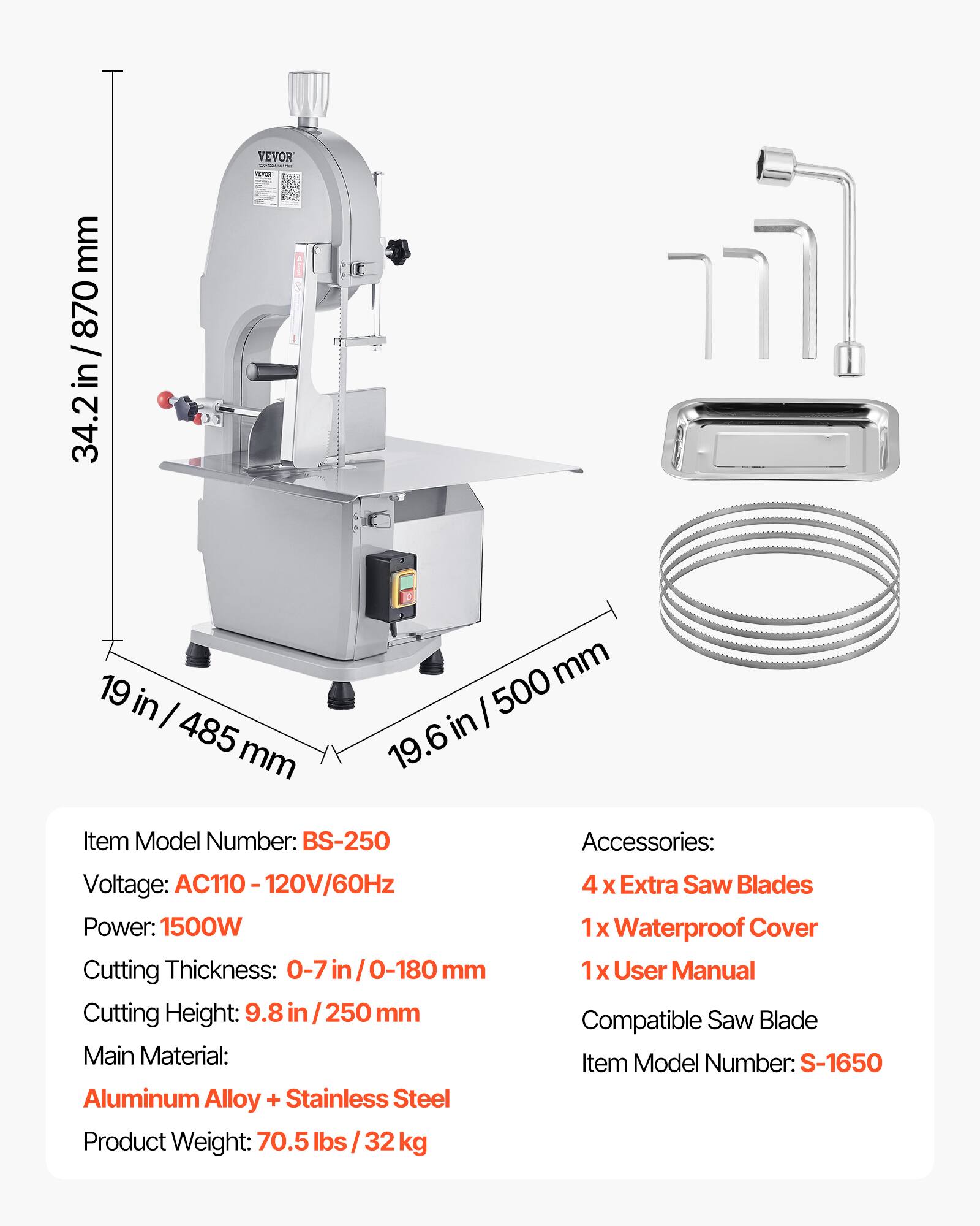 VEVOR Commercial Electric Meat Bandsaw, 1500W Stainless Steel ...