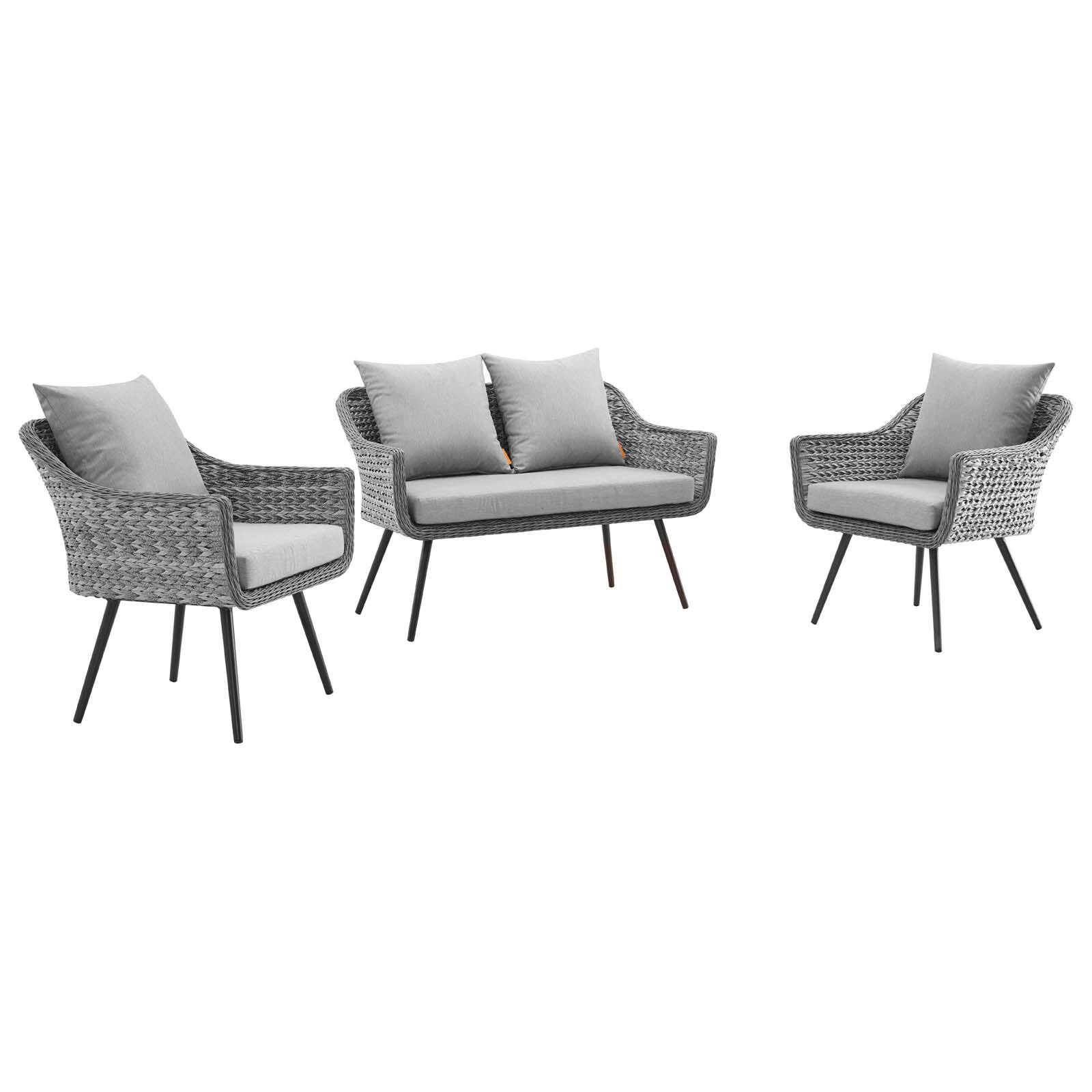 Angle. Modway - Endeavor 3 Piece Outdoor Patio Wicker Rattan Loveseat and Armchair Set by Modway - Gray Gray.