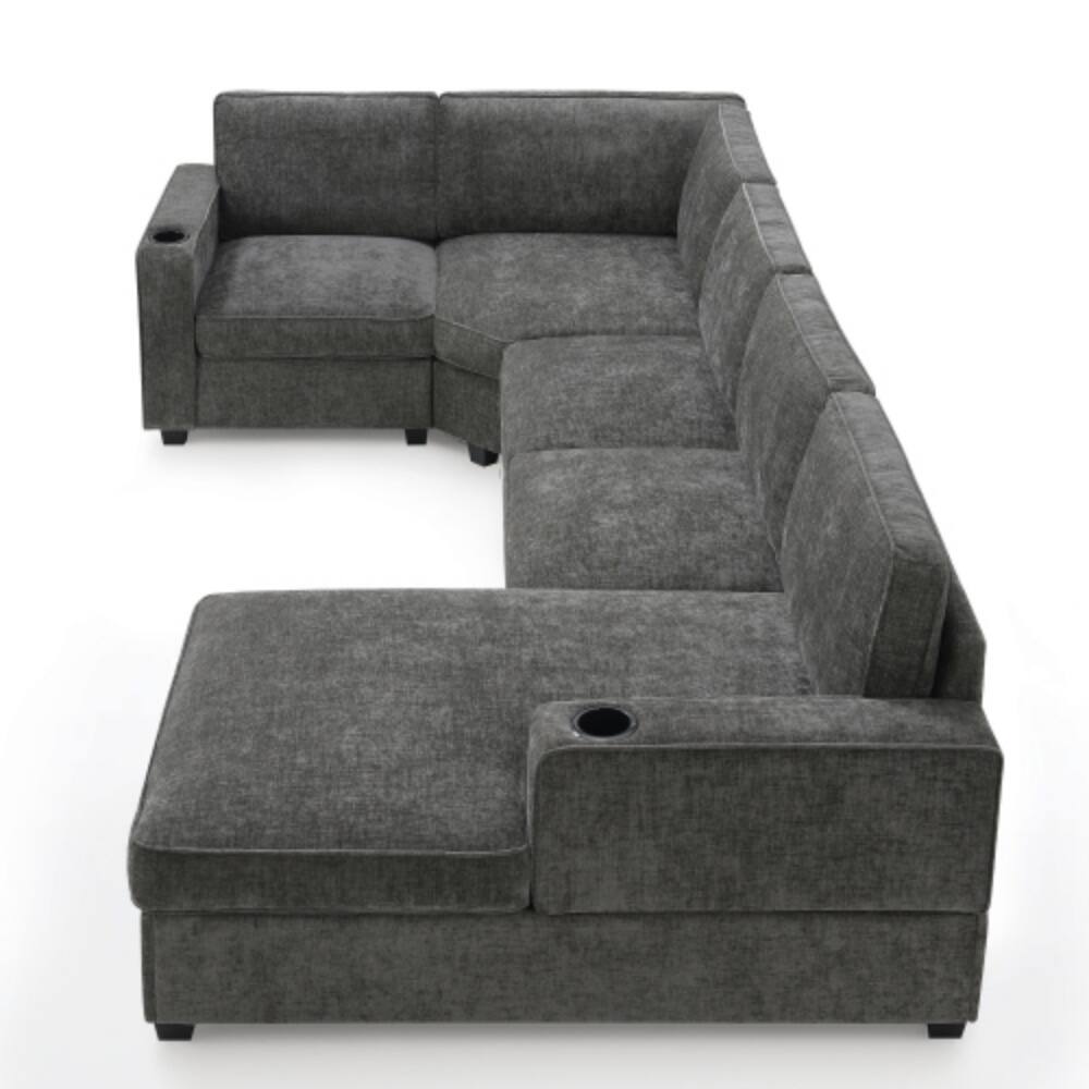 Alt View 5. LUCKY ONE - 117.5" U-Shaped 6-Seat Chenille Sectional Sofa w/ Cup Holders Oversized Chaise Lounge - Gray.