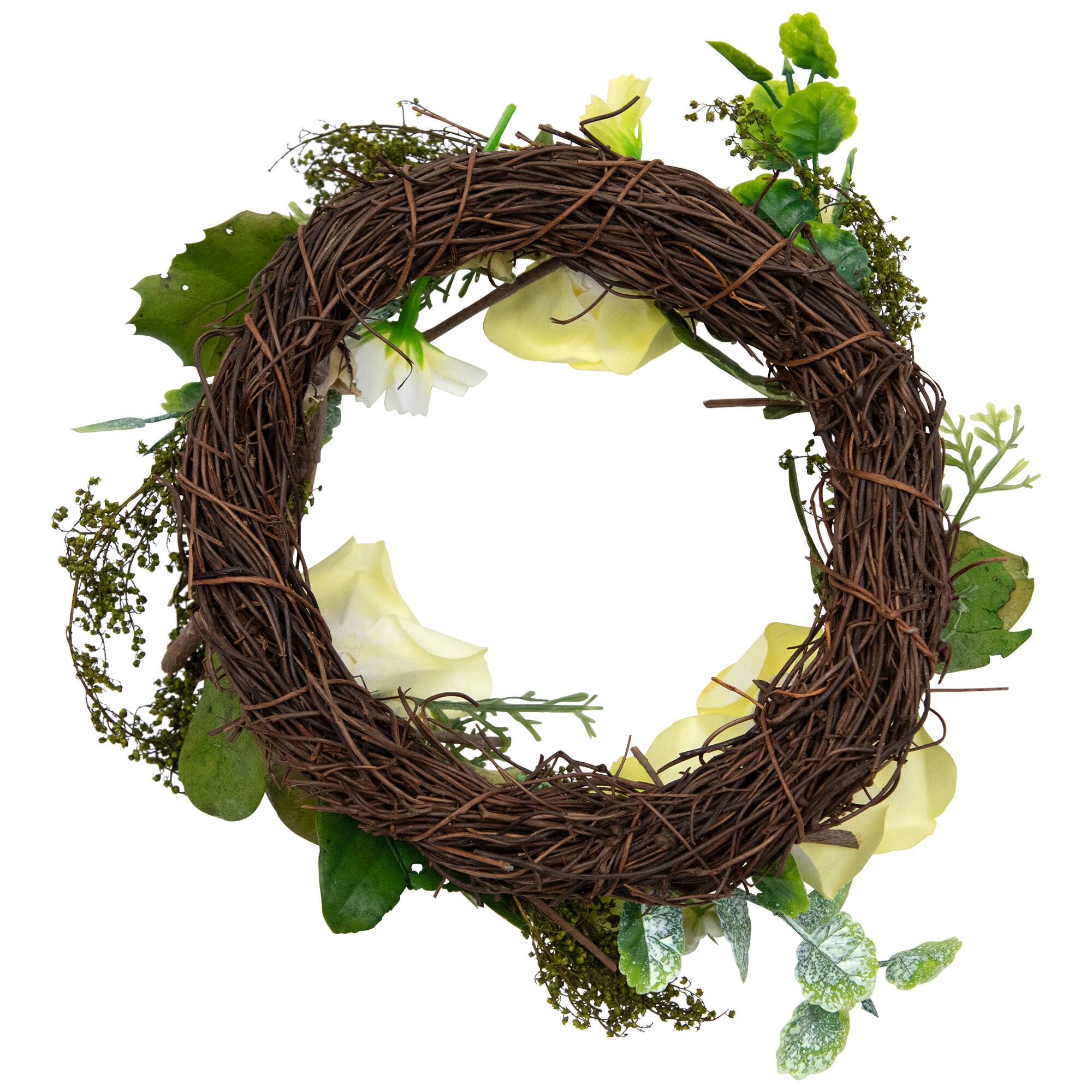 Alt View 4. Northlight - Mini Rose and Foliage Artificial Spring Wreath - 7" - Yellow - Yellow.