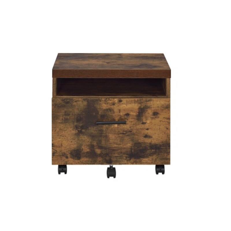 Angle. HTUTWOO - File Cabinet - Weathered Oak Wooden Top with Metal Legs, Open Compartment and 1 Drawer, Lock Included, 5 Caster Wheels - Brown.