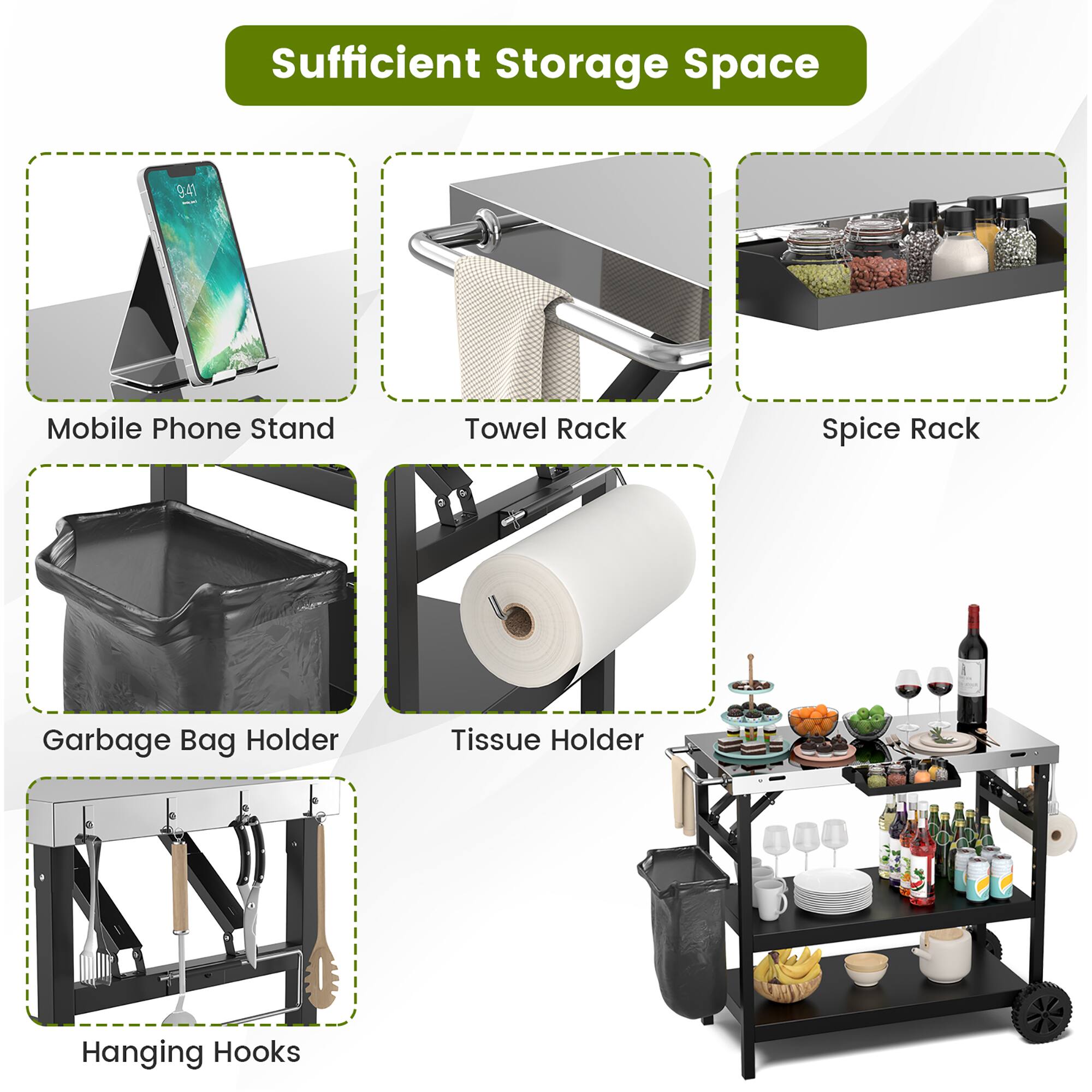Sufficient Storage Space

- Mobile Phone Stand
- Towel Rack
- Spice Rack
- Garbage Bag Holder
- Tissue Holder
- Hanging Hooks