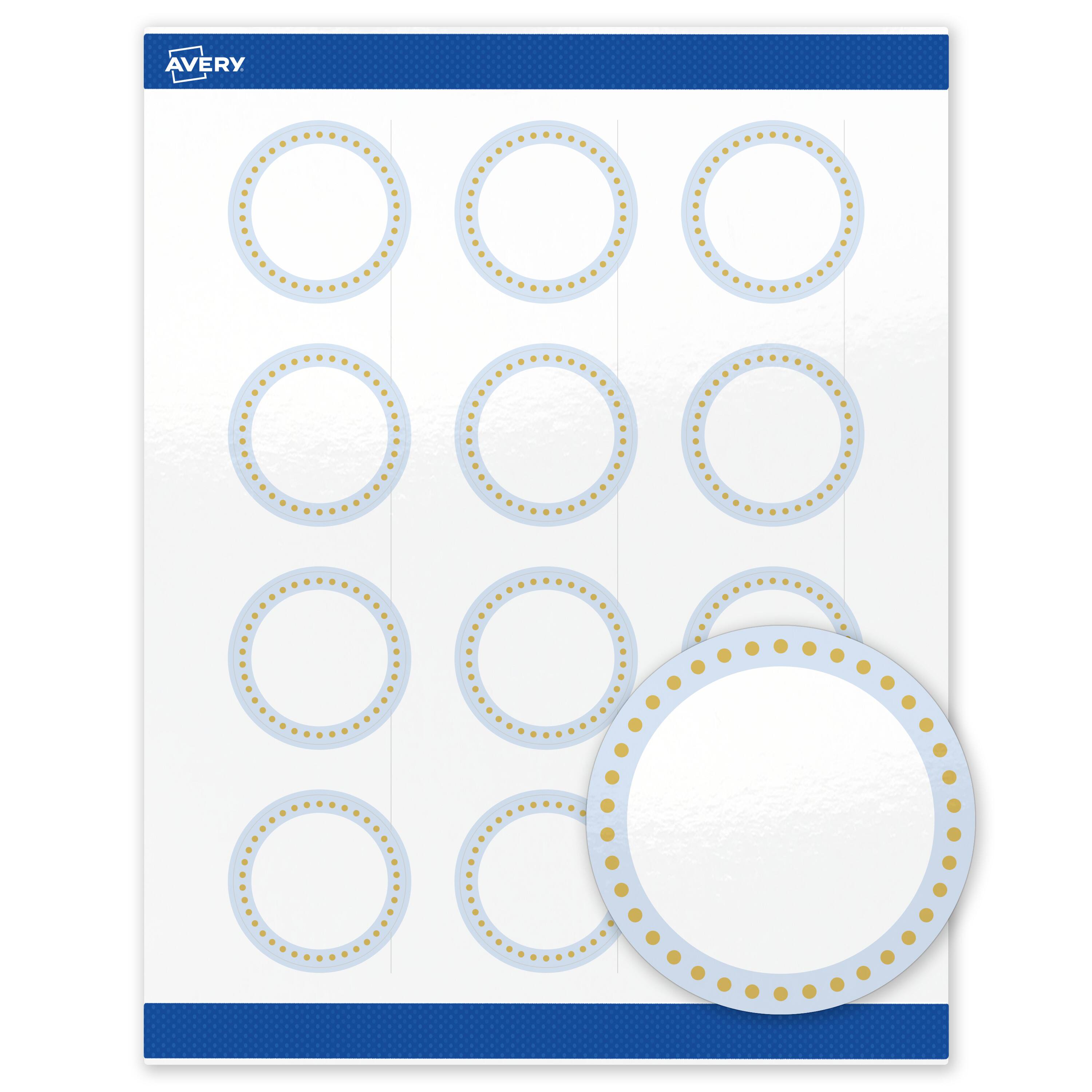 Front. Avery - Avery Labels, 2" Diameter, Glossy White, Blue Border/Gold Dots - White.