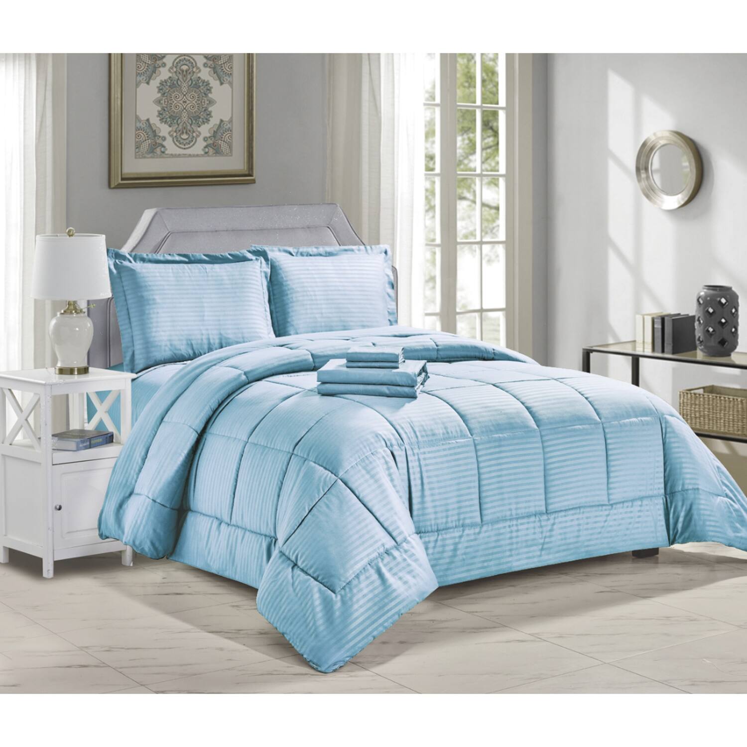 Alt View 1. Plazatex - Plazatex Embossed Dobby Stripe 8 Pieces Comforter Bed In A Bag Set King Lt. Blue - Lt. Blue.