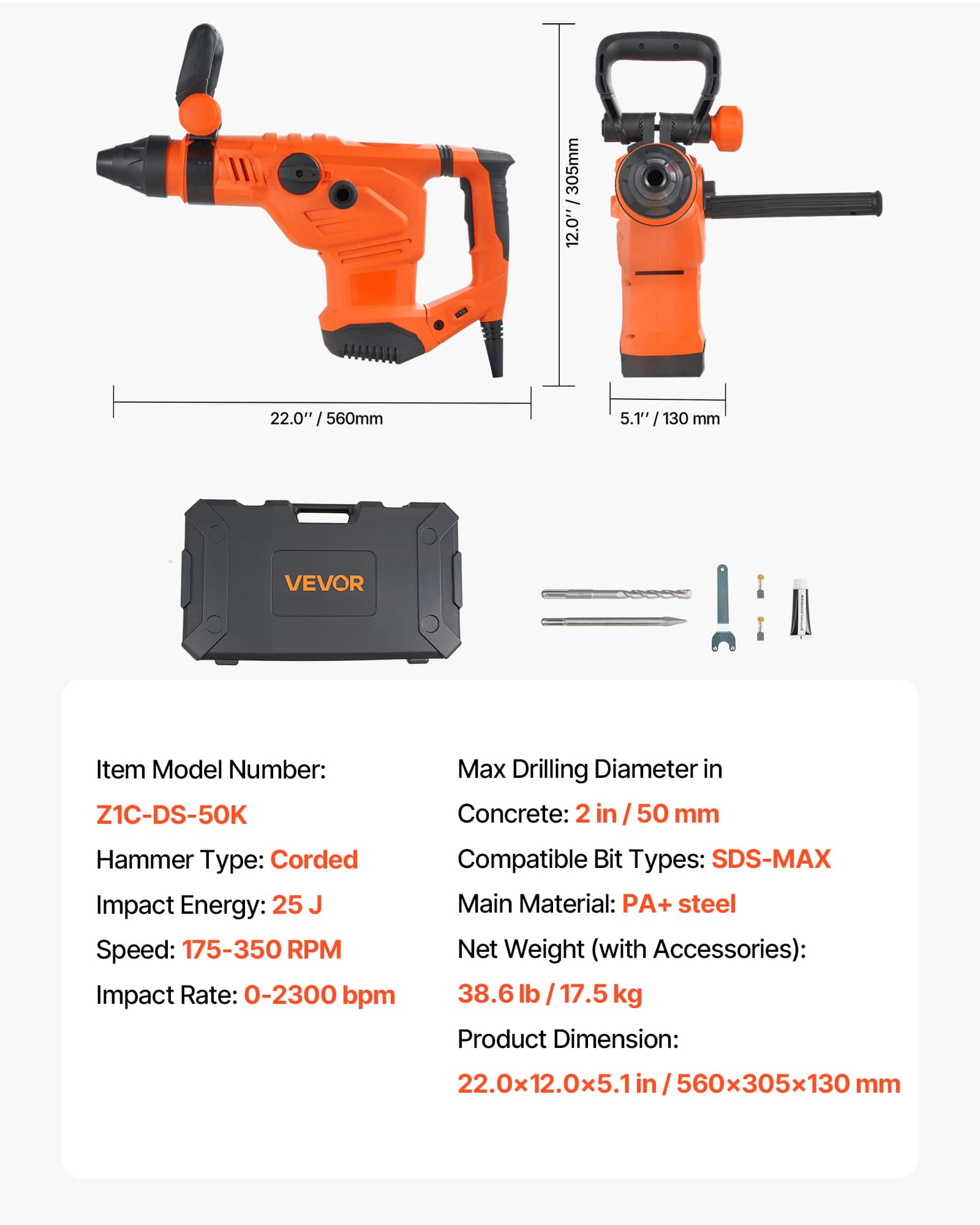 VEVOR Corded Hammer Drill, 1600W 175 350RPM Electric Demolition