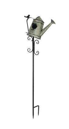 Upper Deck - Metal Outdoor Decorative Garden Stake Watering Can Birdhouse Yard Decor Art - Gray