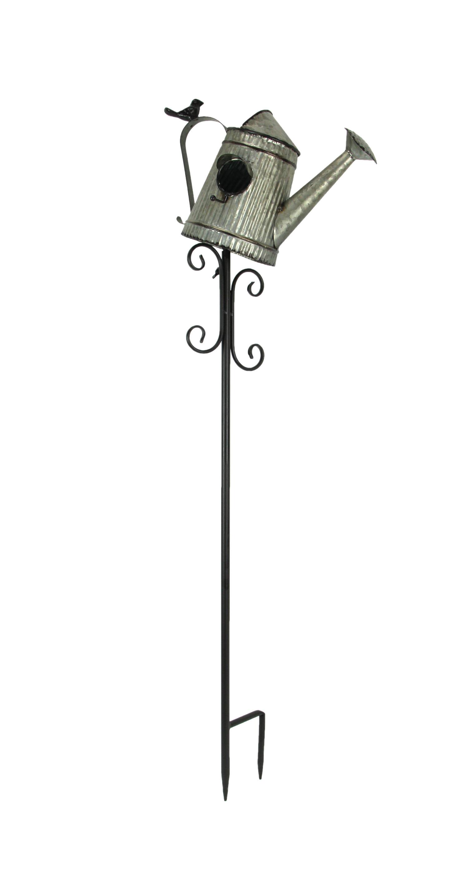 Front. Upper Deck - Metal Outdoor Decorative Garden Stake Watering Can Birdhouse Yard Decor Art - Grey.