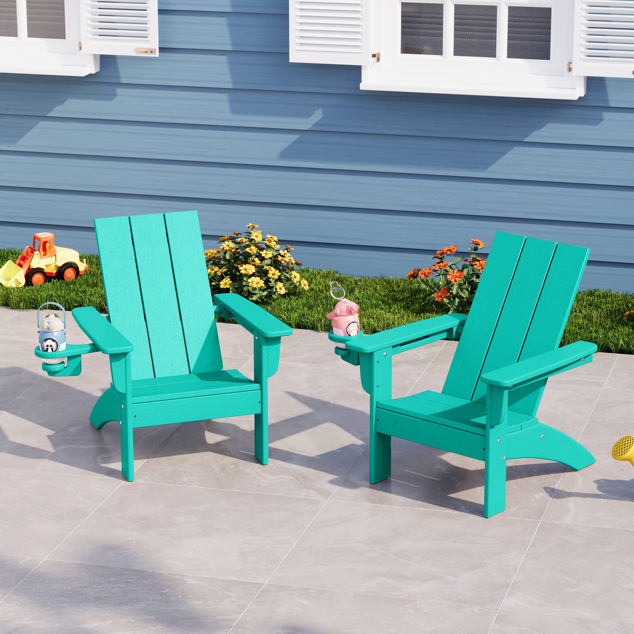 Angle. WestinTrends - WestinTrends Ashore Kids Outdoor HDPE Plastic Modern Adirondack Patio Chairs with Cup Holders (Set of 2) - Turquoise.