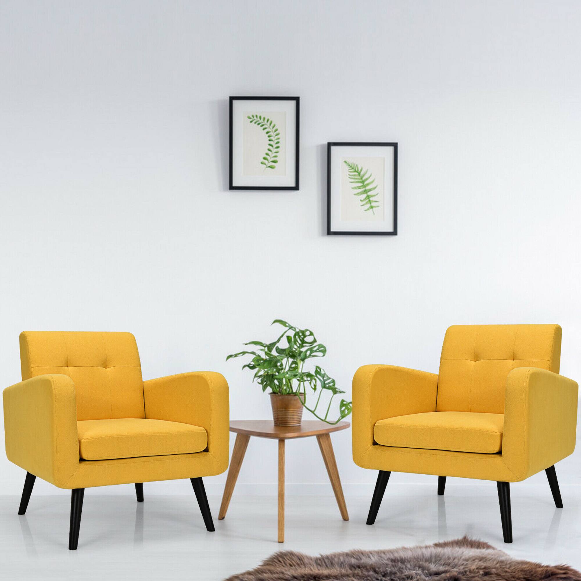 Angle. Costway - Accent Upholstered Single Sofa Home Office Armchair with Wooden Legs (Set of 2) - Yellow.