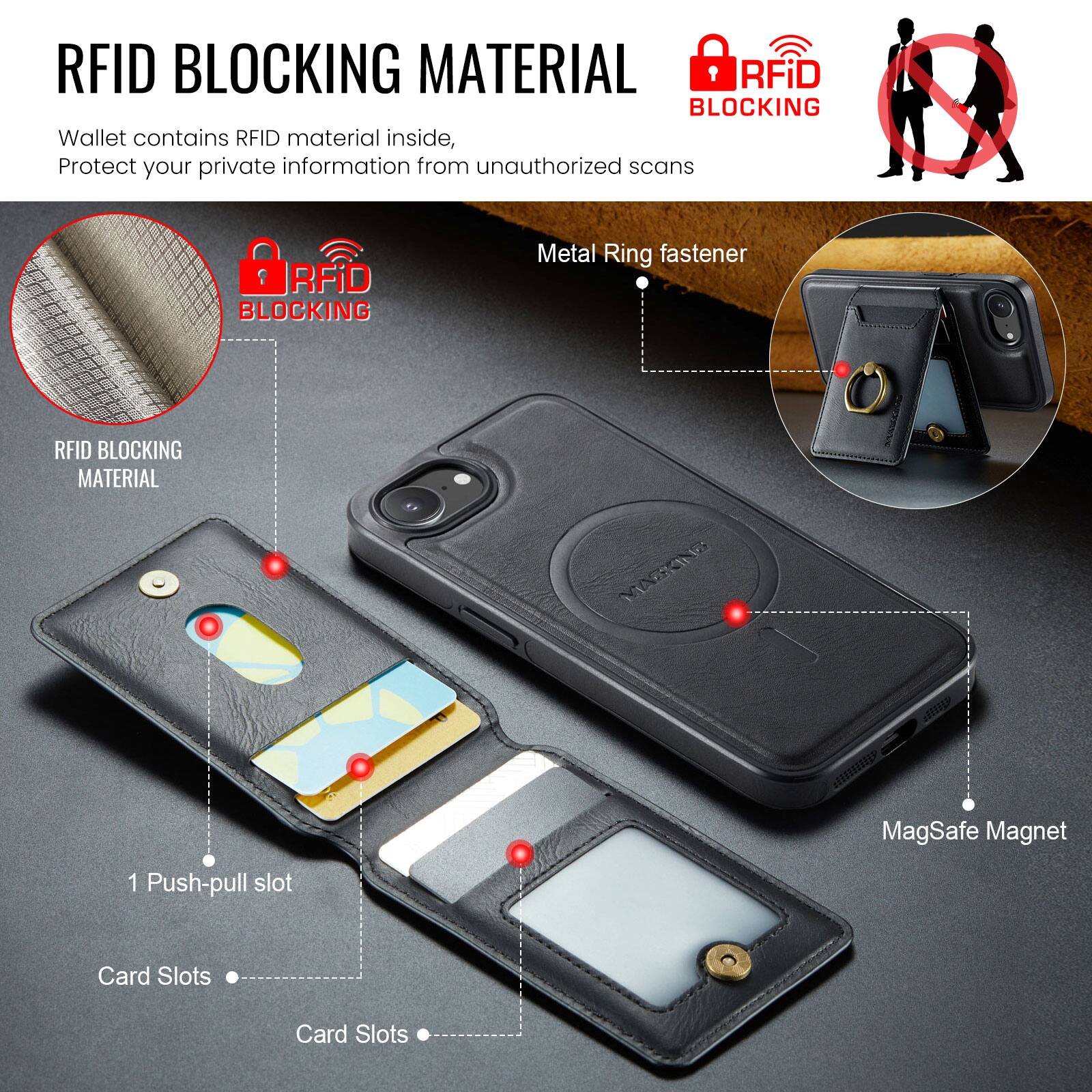 RFID BLOCKING MATERIAL

Wallet contains RFID material inside, Protect your private information from unauthorized scans

RFID BLOCKING MATERIAL

RFID BLOCKING

Metal Ring fastener

1 Push-pull slot

Card Slots

Card Slots

MagSafe Magnet
