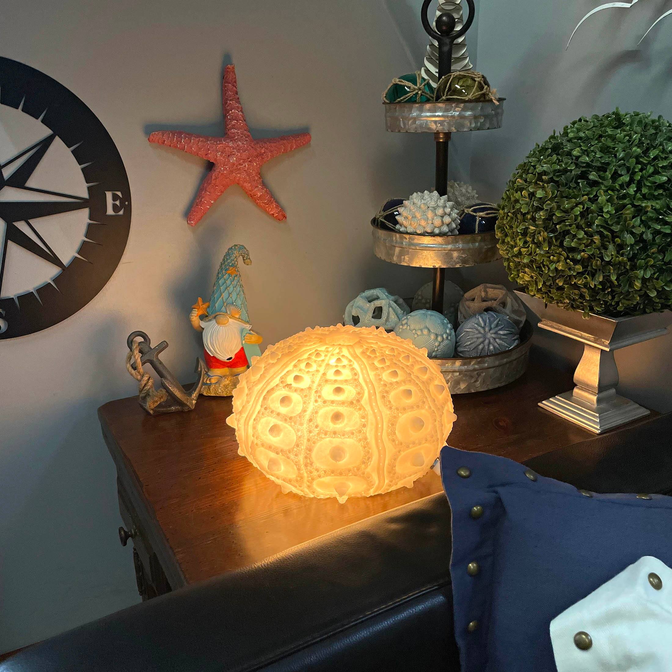 Alt View 3. Contrast Inc. - Coastal Sea Urchin Lamp, 12" Resin Sculpture with Warm Glow, Decorative Accent - White.