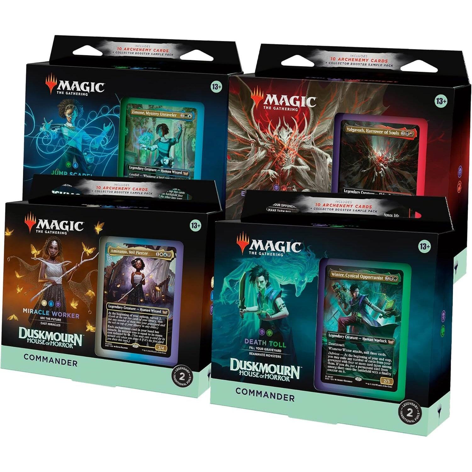 Sure, here is the corrected and grouped text from the image:
---
**Top Left Box:**
- **Magic: The Gathering**
- **10 Archenemy Cards**
- **Collector Booster Sample Pack**
- **13+**
- **Jund Scar**
- **Zimone, Mystery Unveiler**
- **Legendary Creature - Human Wizard**
- **10 Archenemy Cards**
- **Collector Booster Sample Pack**
**Top Right Box:**
- **Magic: The Gathering**
- **10 Archenemy Cards**
- **Collector Booster Sample Pack**
- **13+**
- **Kalgavoch, Harrower of Souls**
- **Legendary Creature - Eldrazi**
- **2/5**
- **Commander 2**
- **Duskmour House for Horror**
**Bottom Left Box:**
- **Magic: The Gathering**
- **10 Archenemy Cards**
- **Collector Booster Sample Pack**
- **13+**
- **Miracle Worker**
- **Duskmour House for Horror**
- **Commander**
- **Antimae, Well-Fierce**
- **Legendary Creature - Human Wizard**
- **2/2**
- **Commander 2**
**Bottom Right Box: