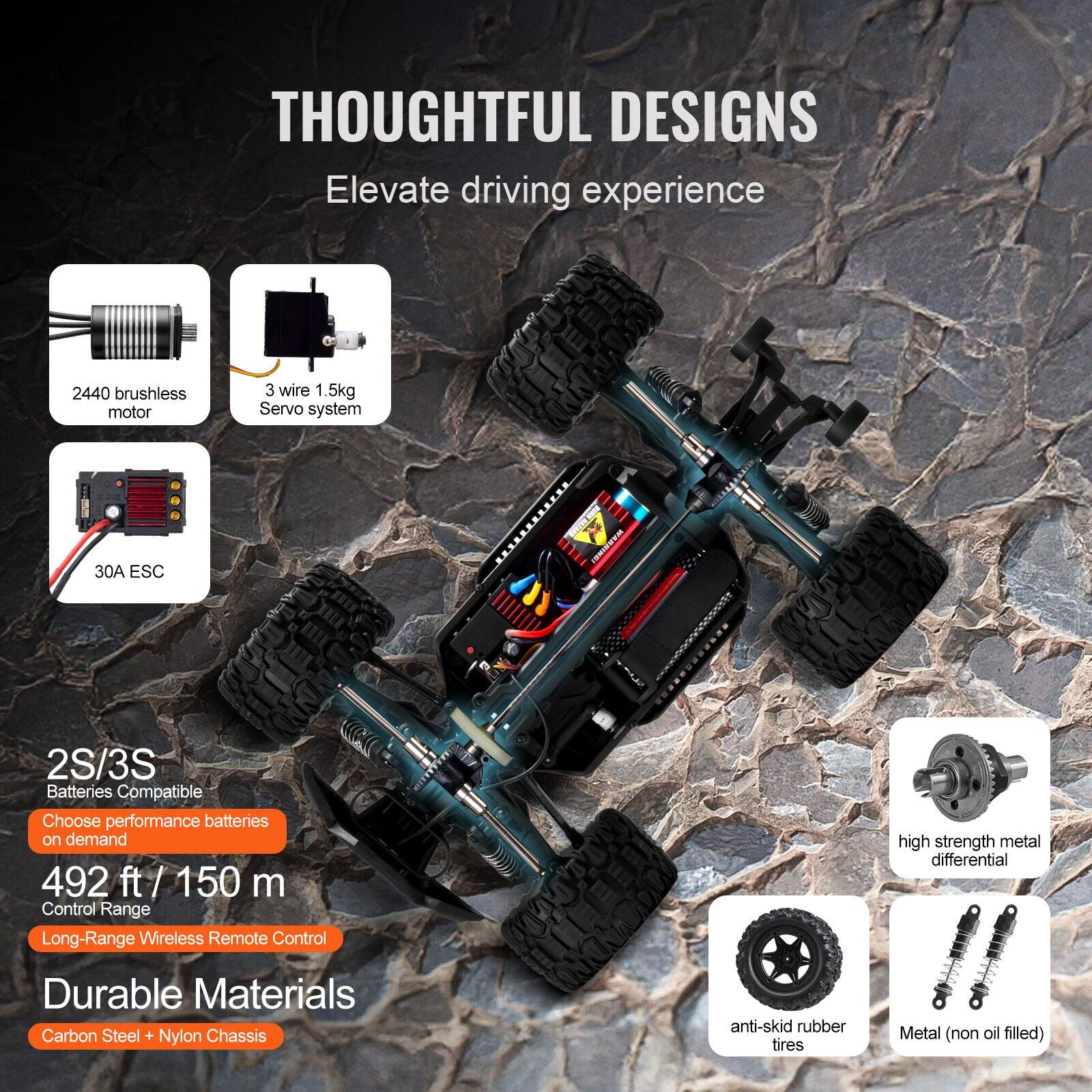 THOUGHTFUL DESIGNS  
Elevate driving experience

- 2440 brushless motor
- 3 wire 1.5kg Servo system
- 30A ESC
- 2S/3S Batteries Compatible
- Choose performance batteries on demand
- 492 ft / 150 m Control Range
- Long-Range Wireless Remote Control
- Durable Materials
  - Carbon Steel + Nylon Chassis
  - High strength metal differential
  - Anti-skid rubber tires
  - Metal (non oil filled)