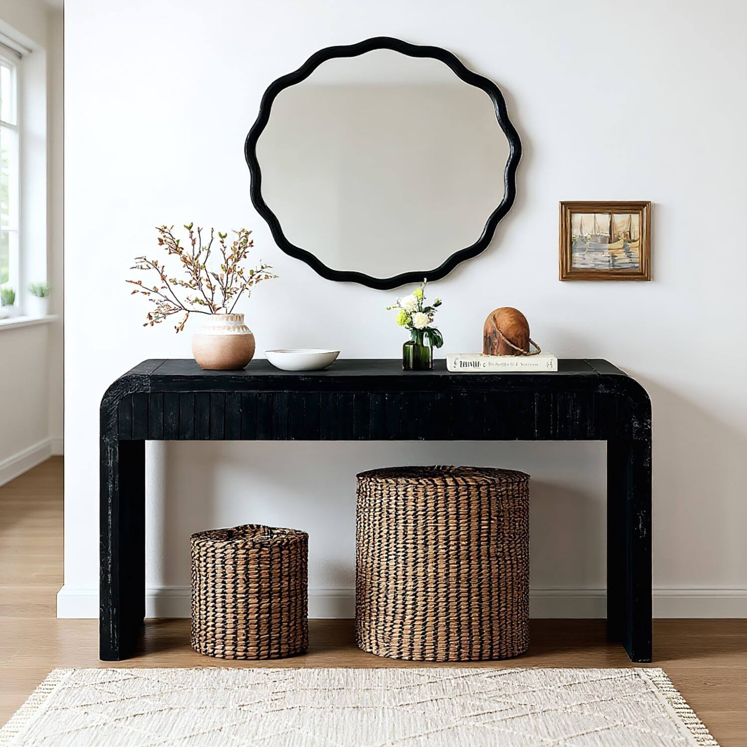 Front. Kadyn - 59'' Vintage Crafted Entryway Table,Two Hidden Handle Drawers,Farmhouse Console Table ,Easy Assembly, Antique Black - Black.